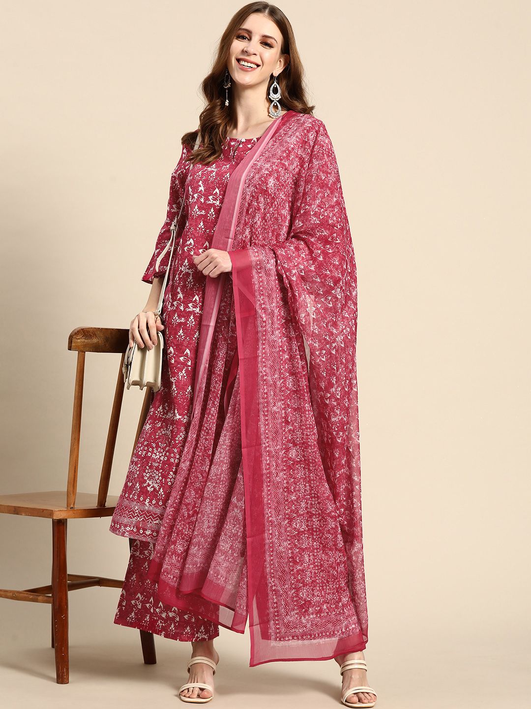 Sangria Women Pink & White Floral Printed Pure Cotton Kurta with Palazzos & With Dupatta Price in India
