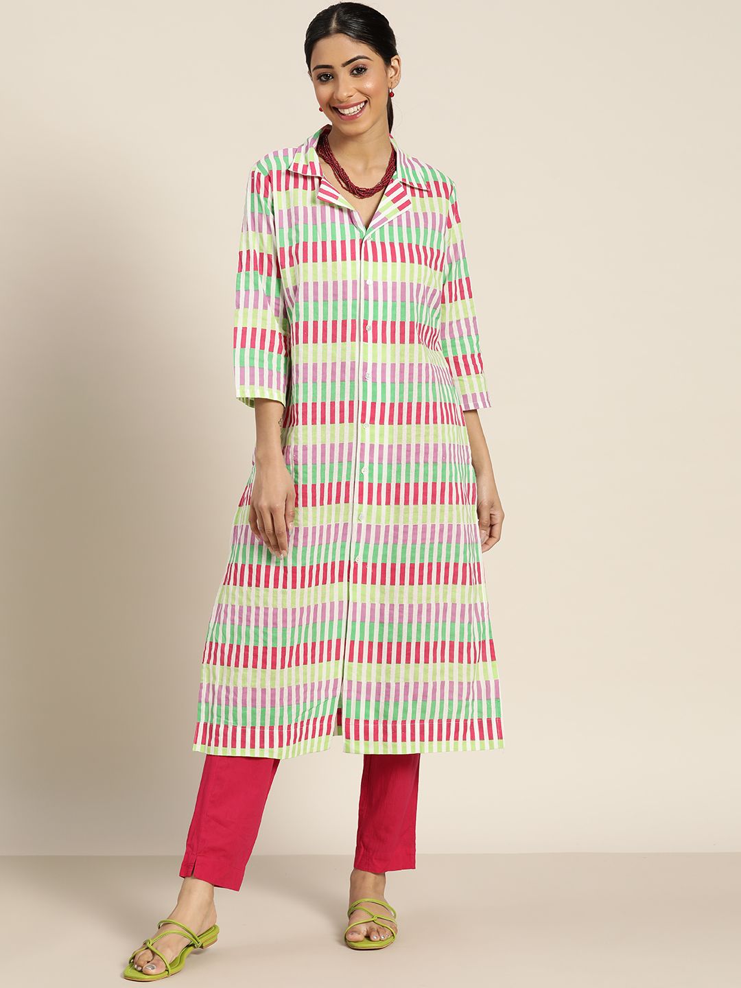 Sangria Women White & Red Striped Cotton Kurta Price in India