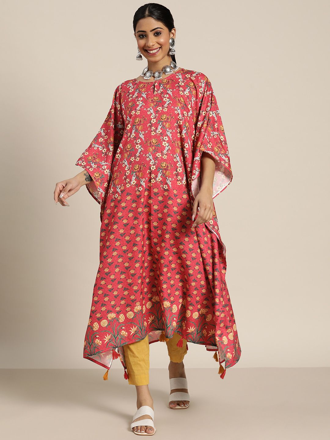 Sangria Women Pink & Yellow Ethnic Motifs Printed Flared Sleeves Kaftan Kurta Price in India