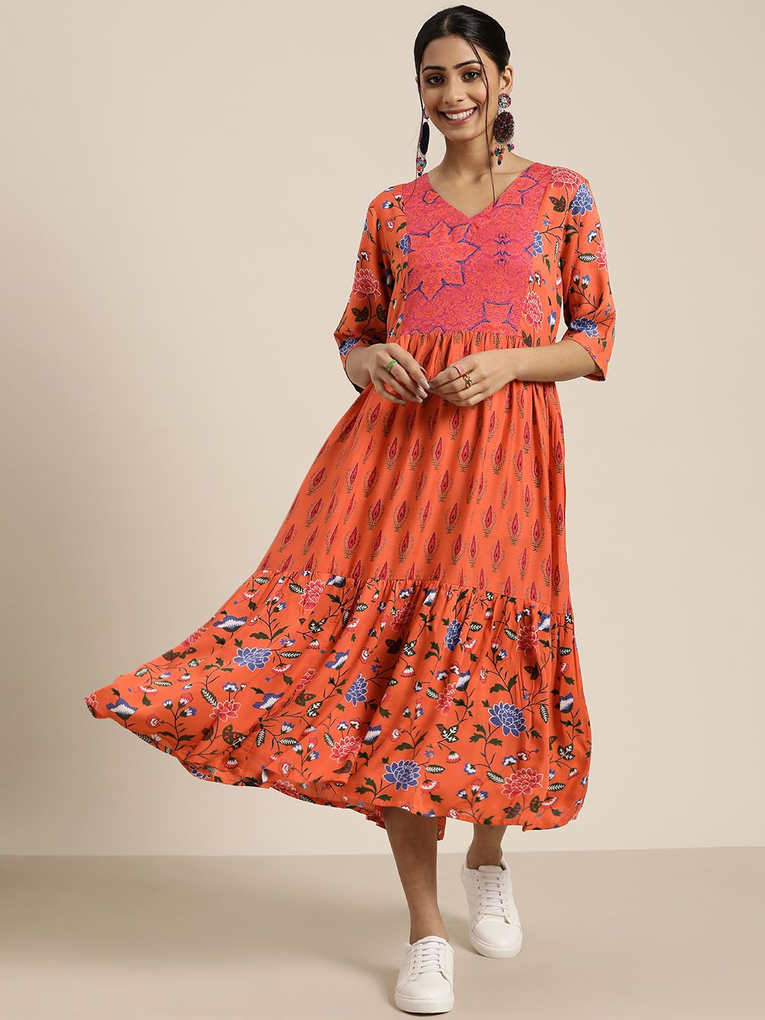 Sangria Orange & Blue Ethnic Motifs A-Line Midi Dress Price in India