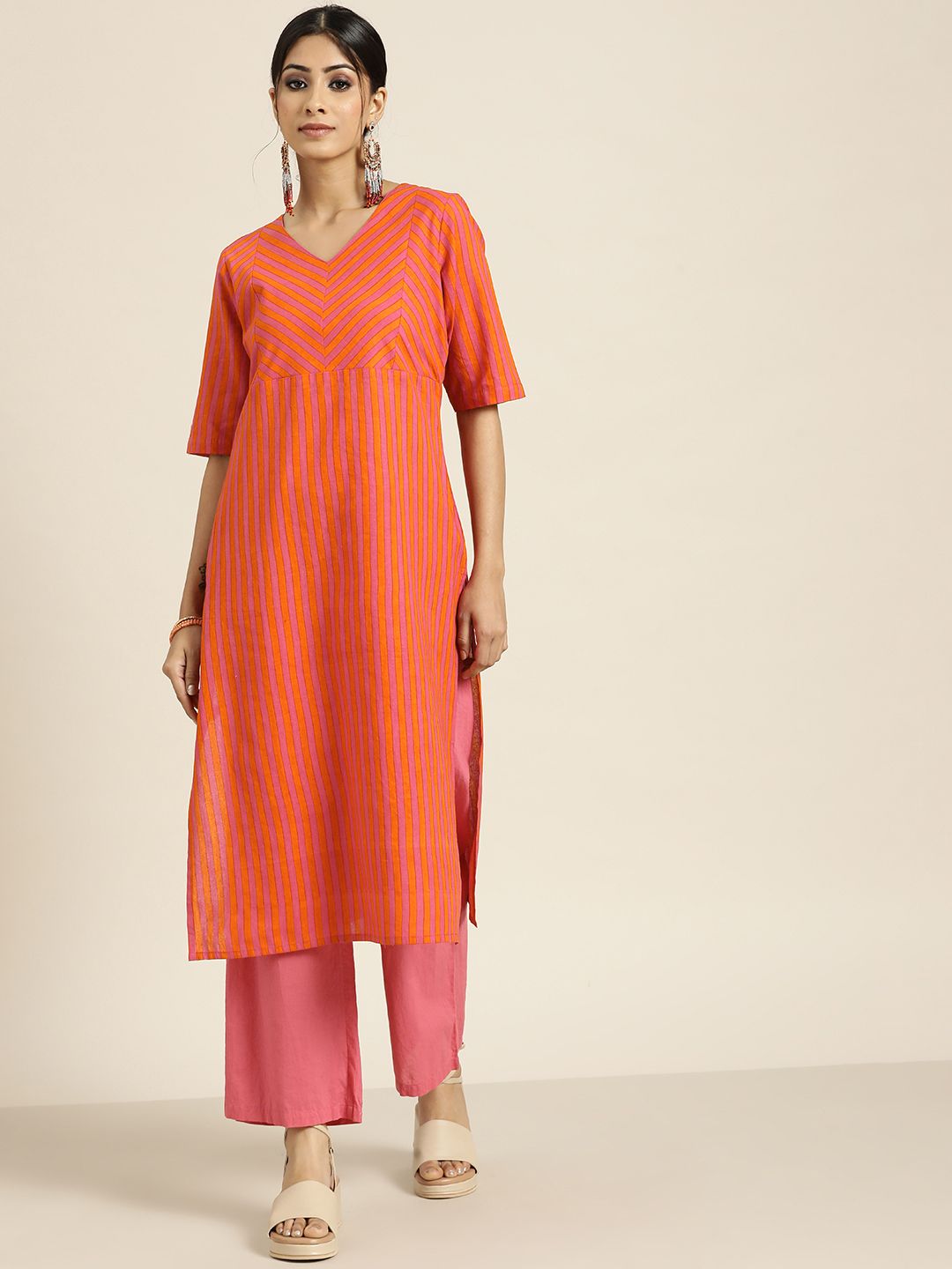 Sangria Women Pure Cotton Orange & Pink Striped Straight Hem Kurta Price in India
