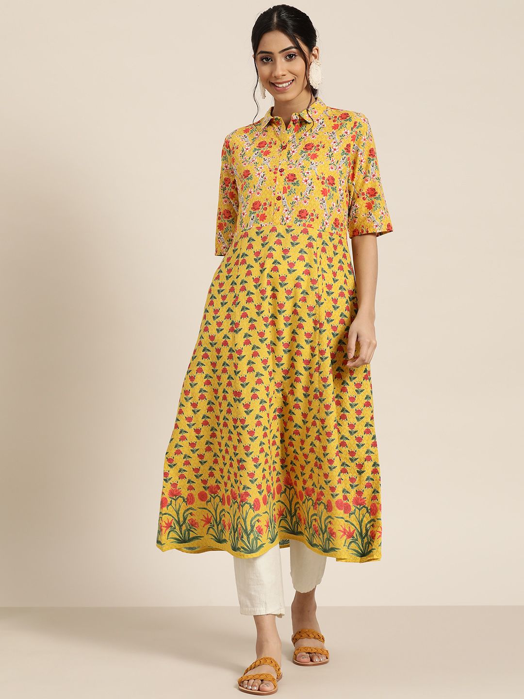 Sangria Women Mustard Yellow & Red Pure Cotton Floral Print Panelled A-Line Kurta Price in India