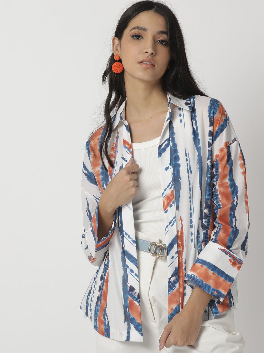 RAREISM Off White & Blue Tie and Dye Print Modal Shirt Style Top