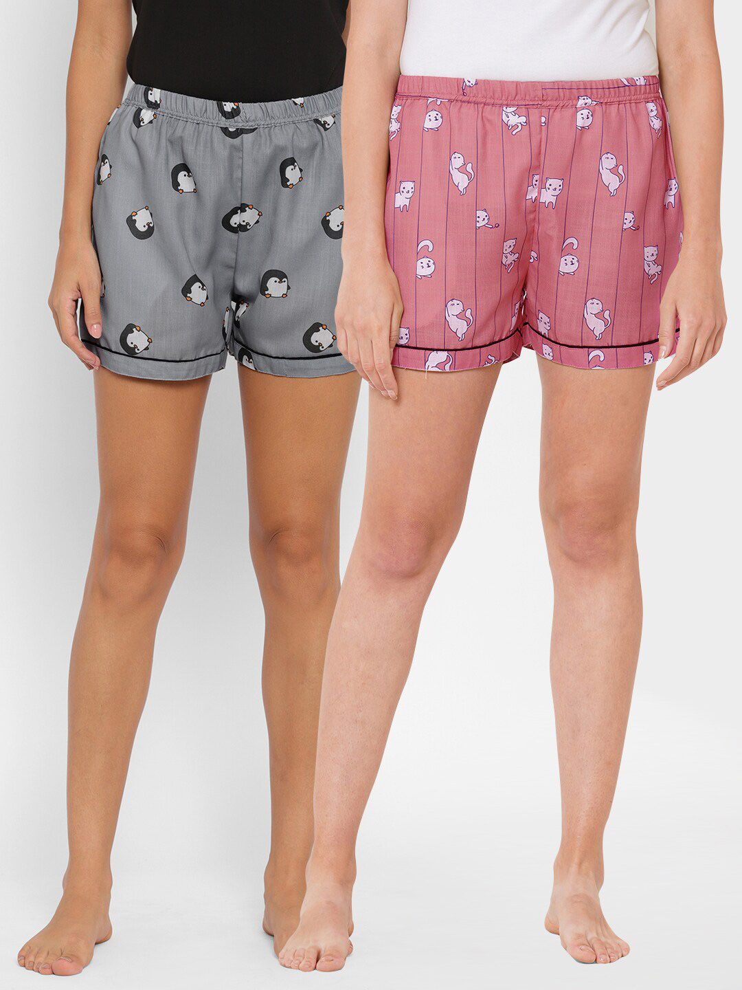 FashionRack Women Pack of 2 Pink Grey Printed Lounge Shorts Price in India