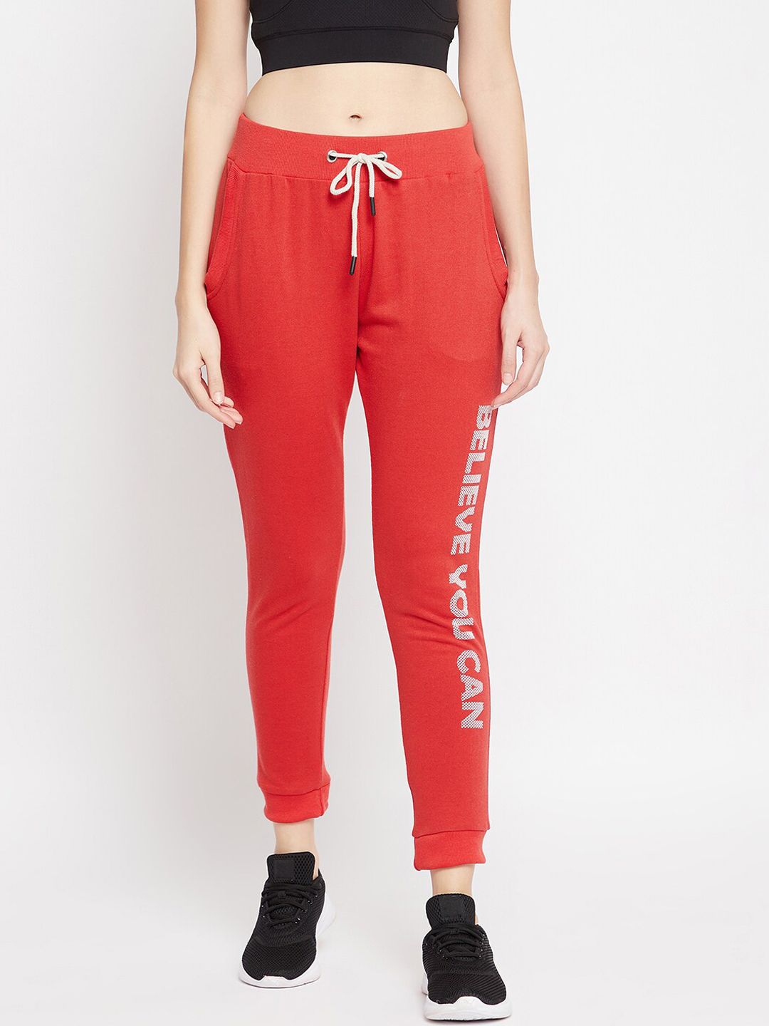 Austin wood Women Red & White Typography Printed Slim-Fit Cotton Joggers Price in India