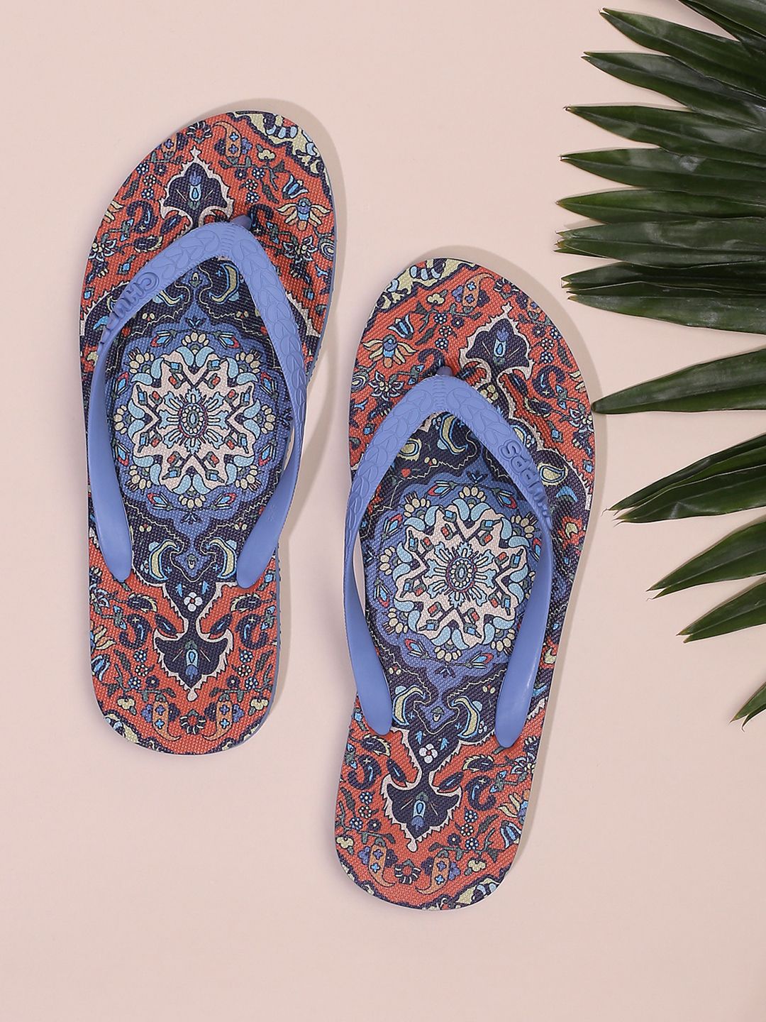 CHUPPS Women Kaleen Persian Blue & Orange Printed Natural Rubber Thong Flip-Flops Price in India