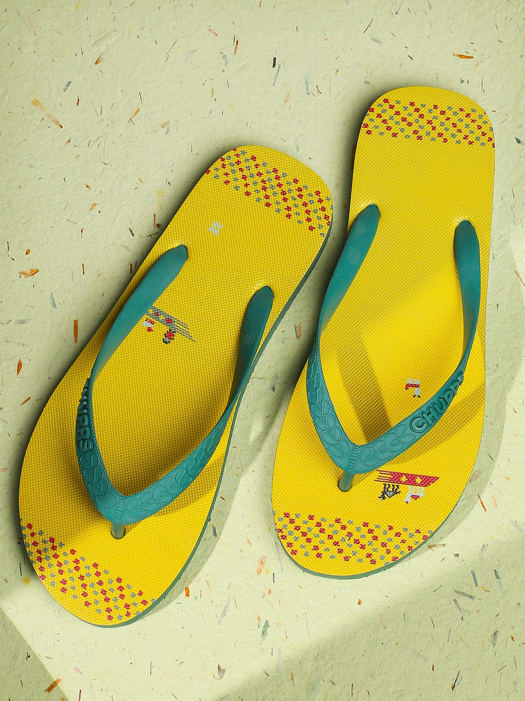 CHUPPS Women Kaleen Ghabbe Mustard & Green Printed Natural Rubber Thong Flip-Flops Price in India