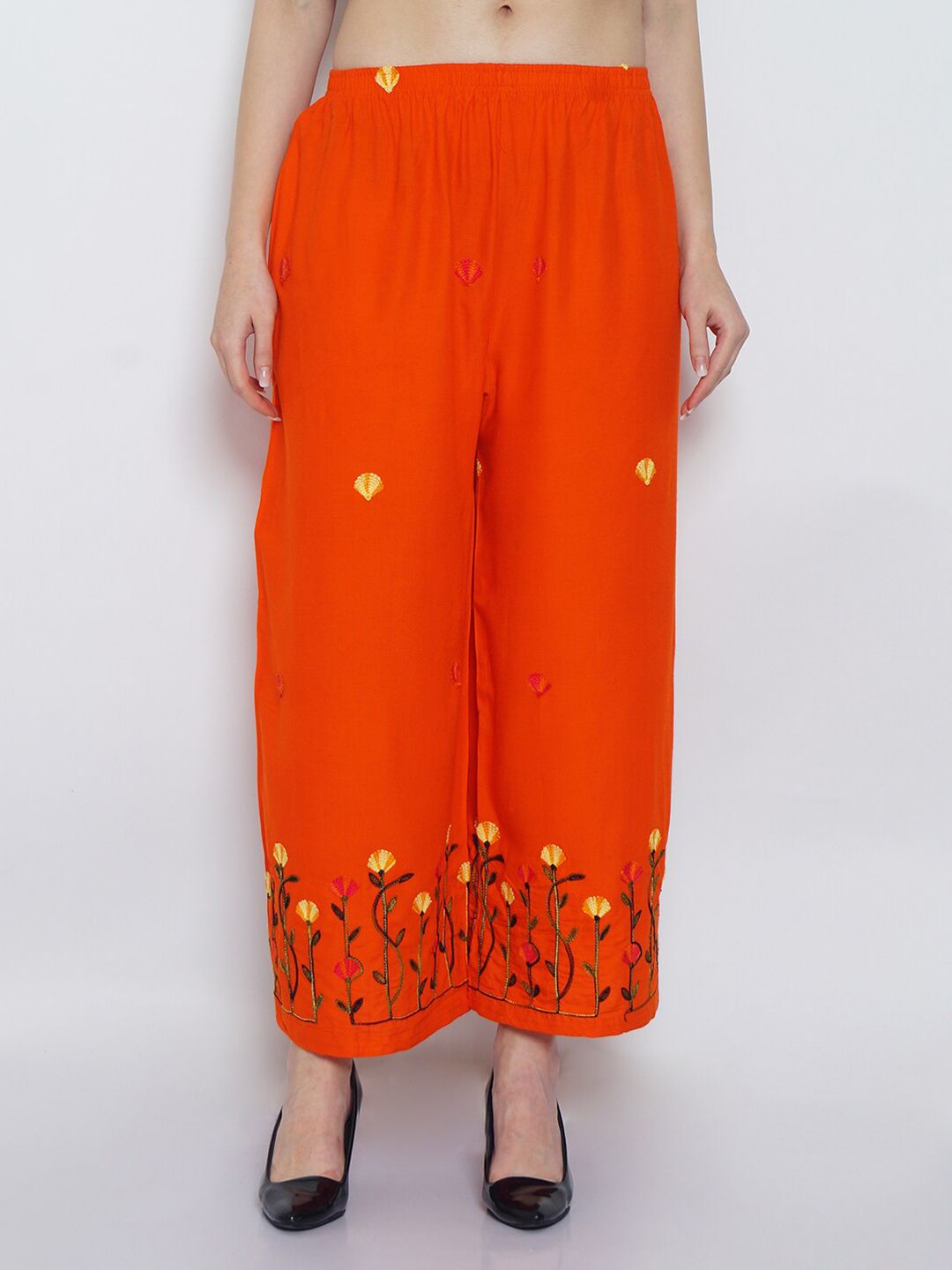 Jinfo Women Orange & Green Floral Embroidered Ethnic Palazzos Price in India