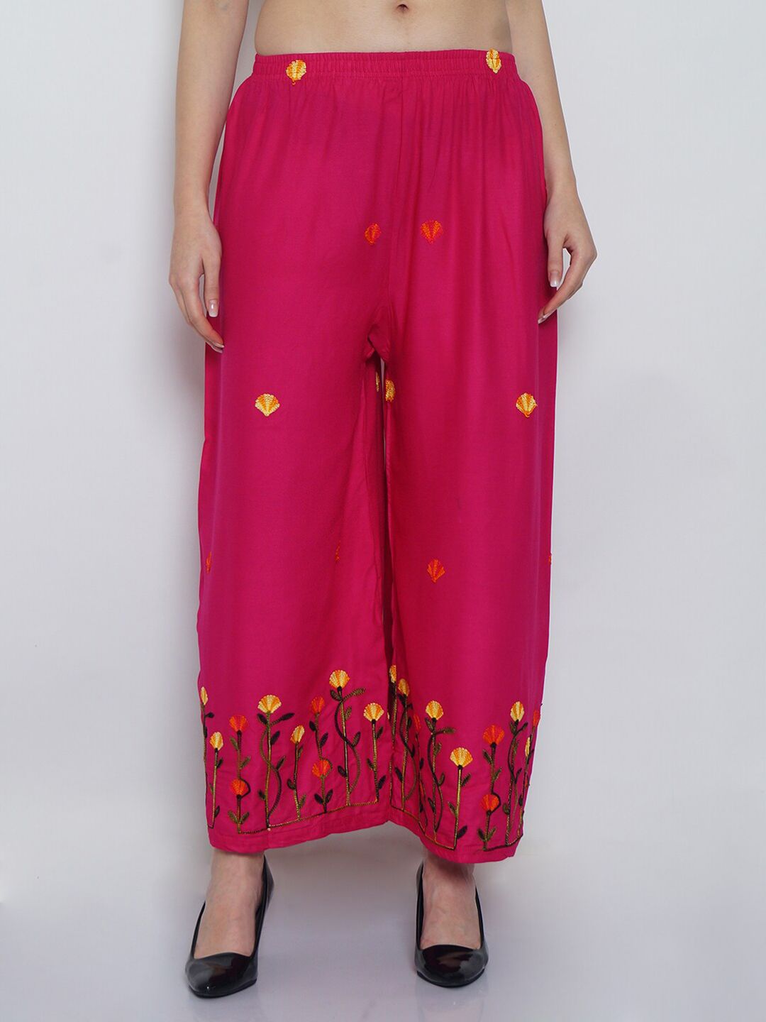 Jinfo Women Pink & Yellow Floral Embroidered Palazzos Price in India