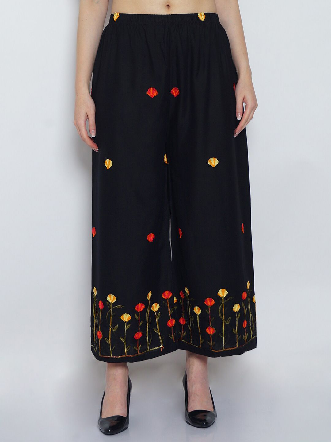 Jinfo Women Black & Yellow Floral Embroidered Ethnic Palazzos Price in India