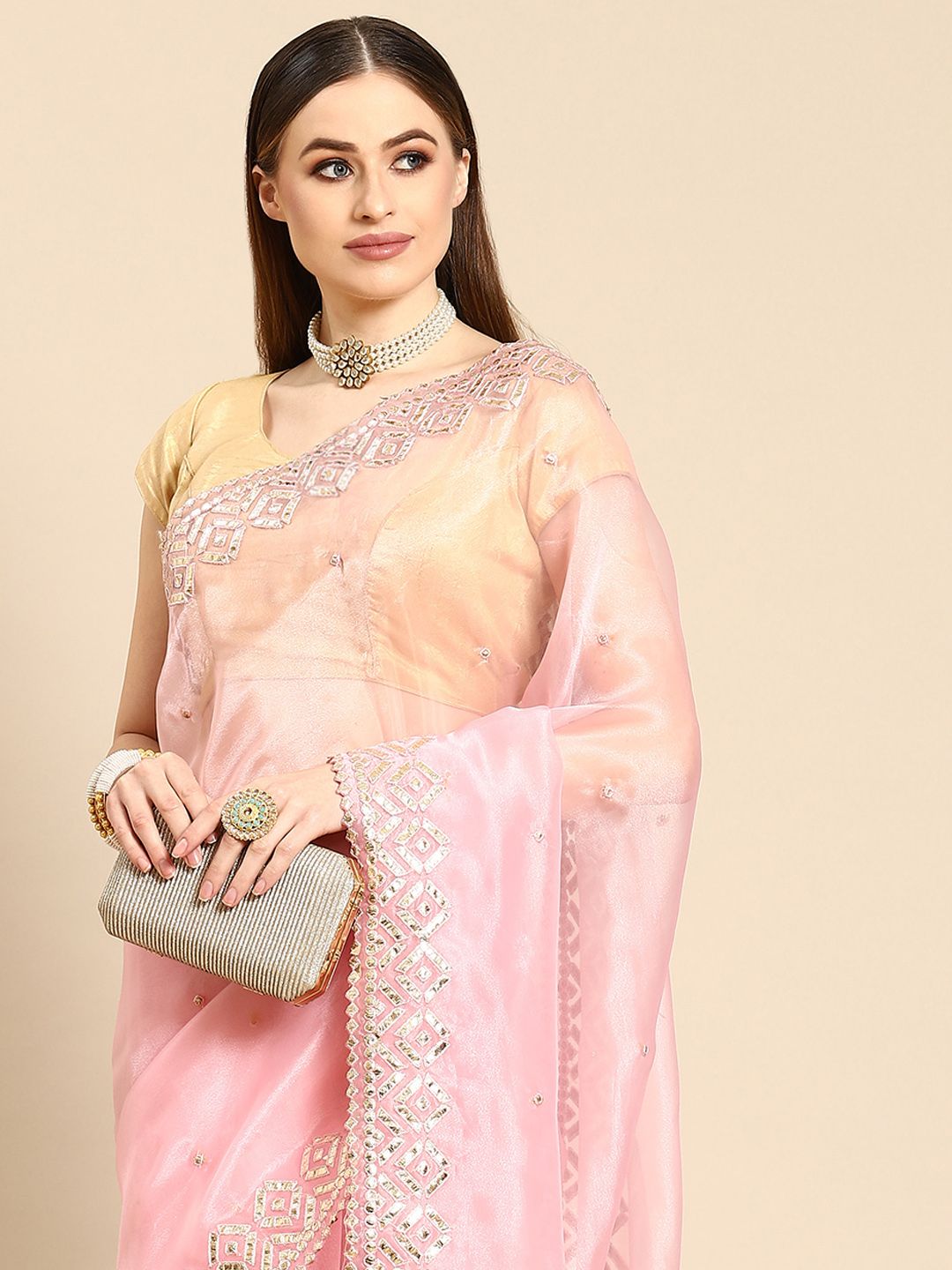 Anouk Pink Embellished Organza Saree
