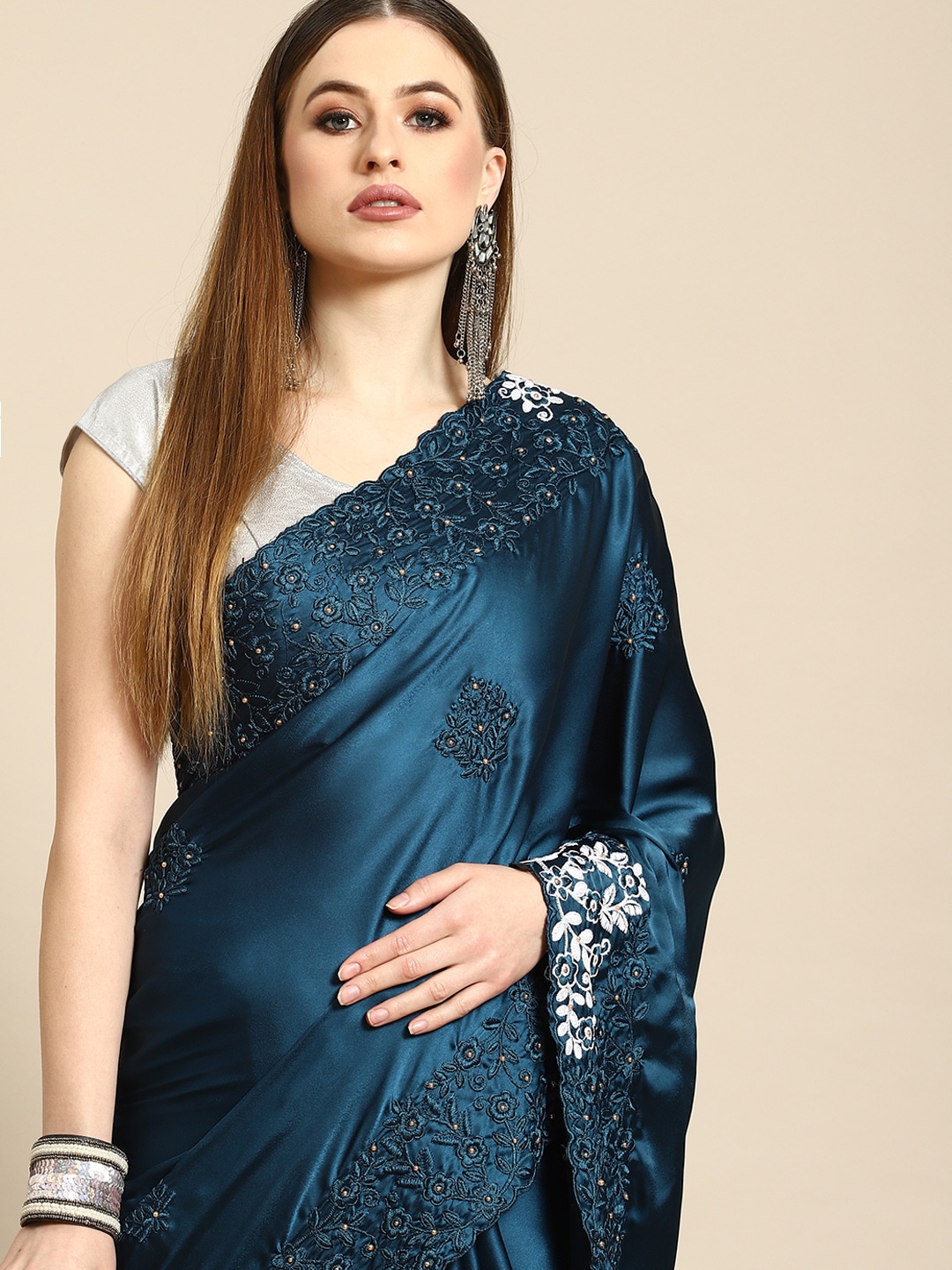 Anouk Blue Floral Embroidered Satin Saree Price in India