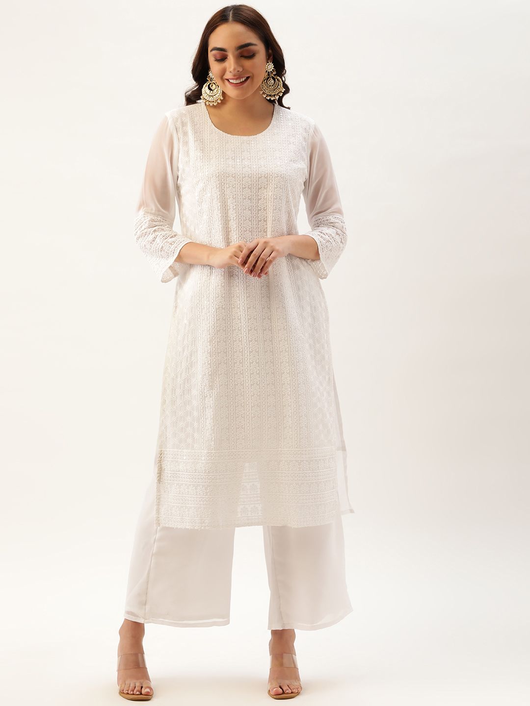 SWAGG INDIA Women White Ethnic Motifs Embroidered Kurta with Palazzos Price in India