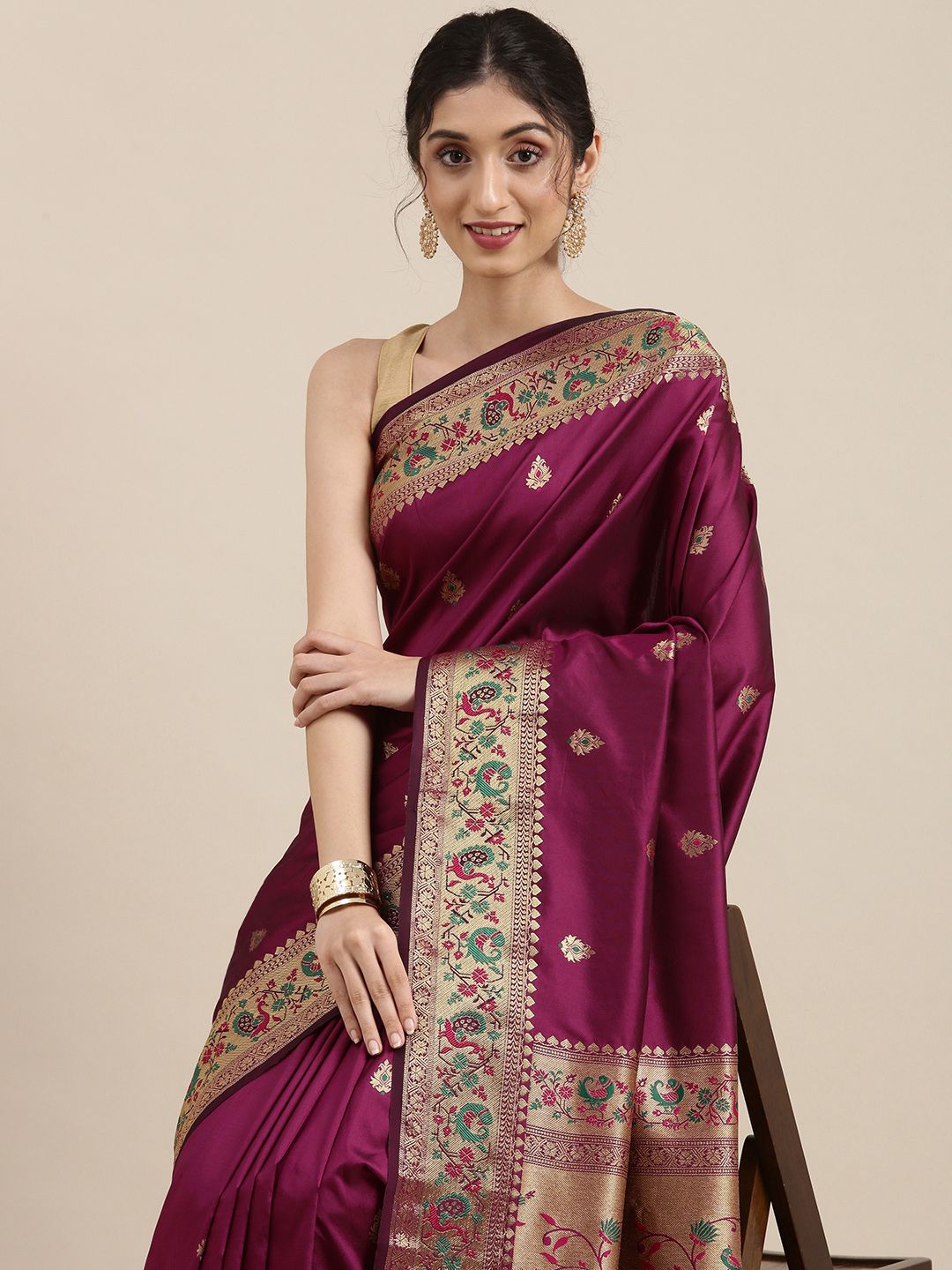 Mitera Purple & Golden Ethnic Motifs Zari Silk Blend Paithani Saree Price in India