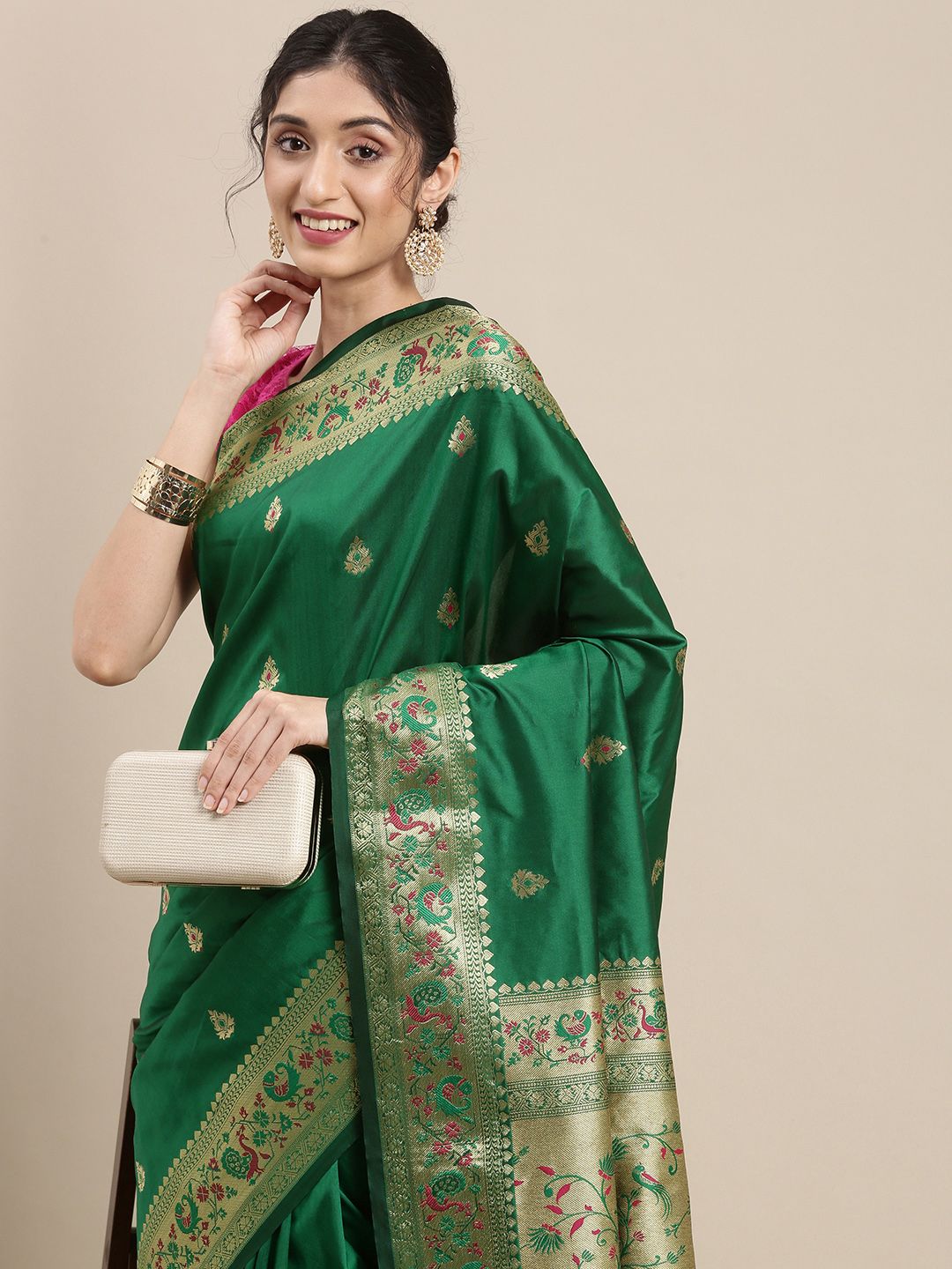 Mitera Green & Golden Ethnic Motifs Zari Silk Blend Paithani Saree Price in India