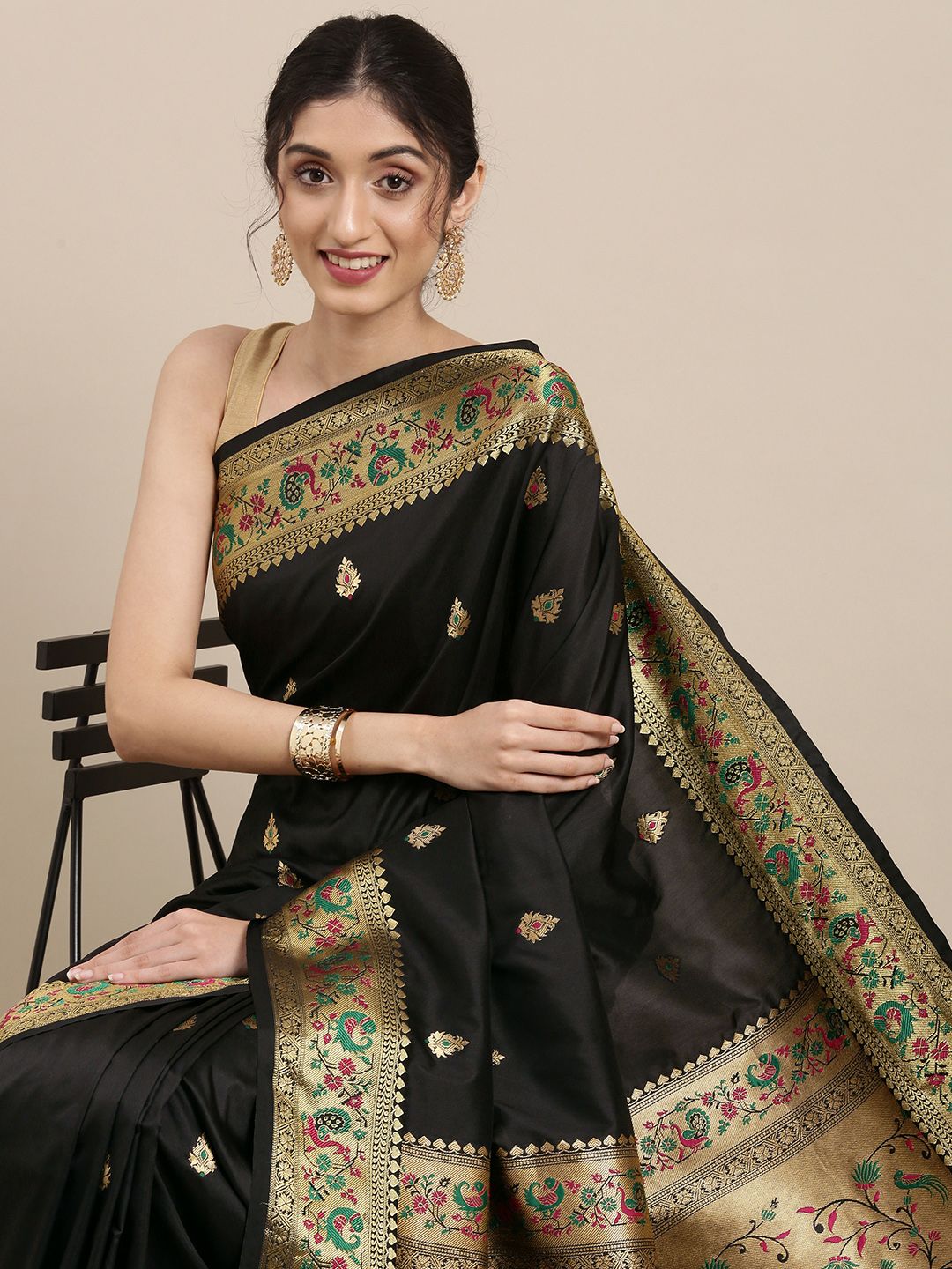 Mitera Black Ethnic Motifs Zari Silk Blend Paithani Saree Price in India