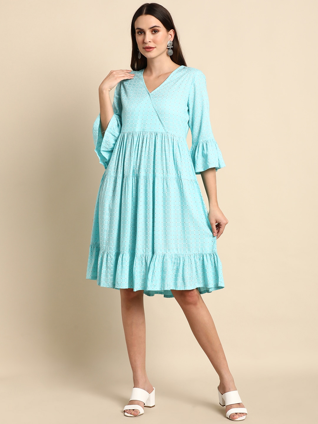 Janasya Turquoise Blue & White Checked Tiered Dress Price in India