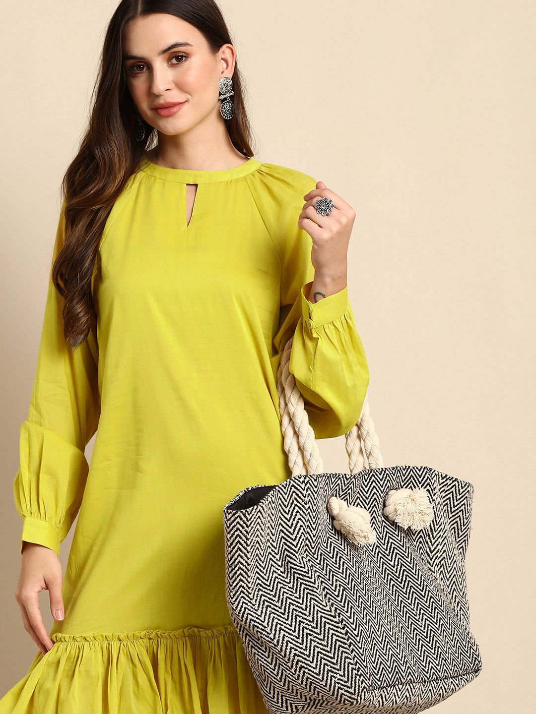 Janasya Yellow Keyhole Neck A-Line Dress Price in India