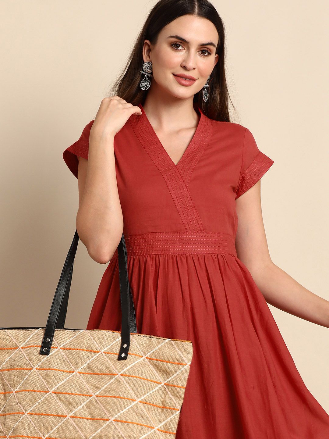 Janasya Rust Red Solid V-Neck A-Line Dress Price in India
