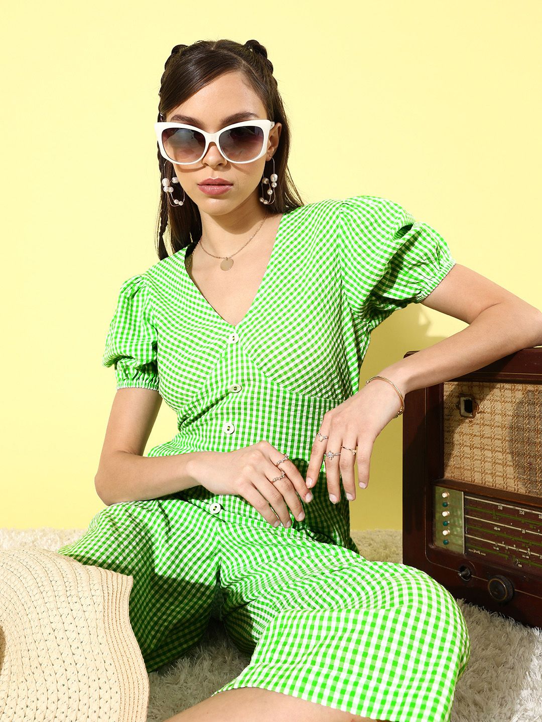 Style Quotient Women Gorgeous Green Checked Summer Gingham Jumpsuit Price in India