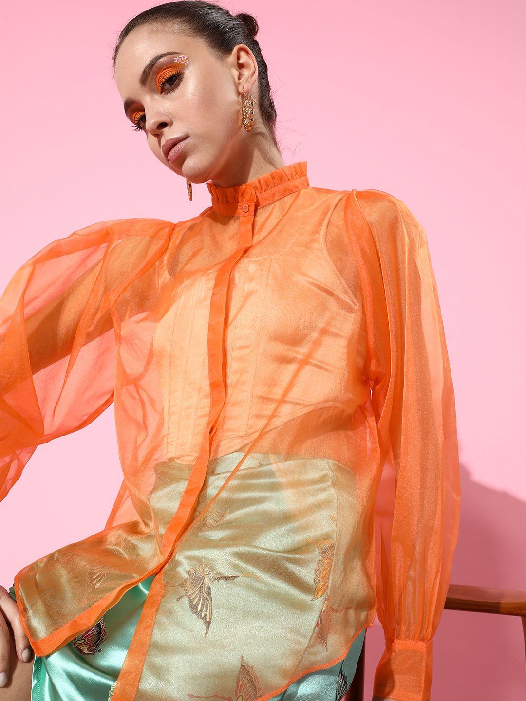 Buy Style Quotient Women Bright Orange Solid Sheer Shirt - Shirts