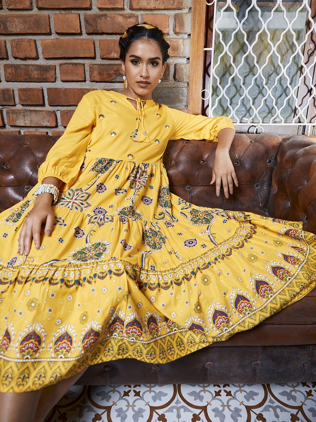 Sangria Yellow & Navy Blue Ethnic Motifs Tie-Up Neck Ethnic A-Line Tiered Dress Price in India