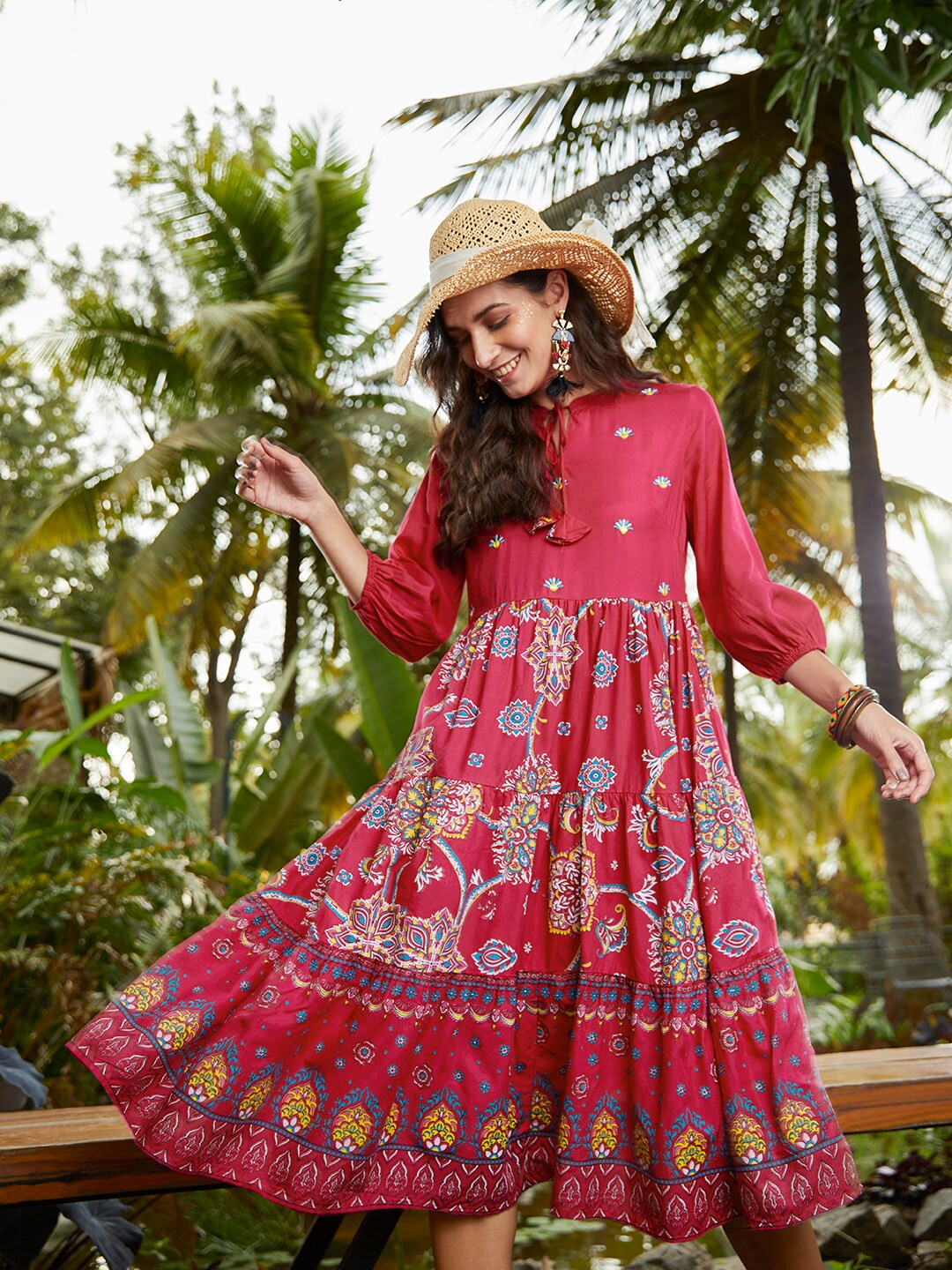 Sangria Pink & White Ethnic Motifs Tie-Up Neck Ethnic A-Line Tiered Dress Price in India