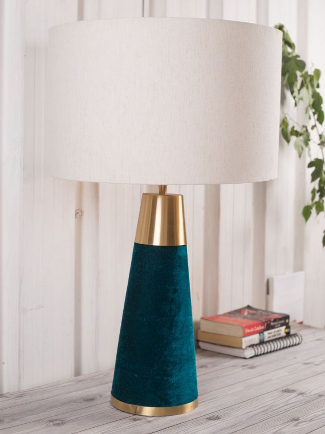 Grated Ginger White & Green Solid Cylindrical Wooden Table Lamp Price in India