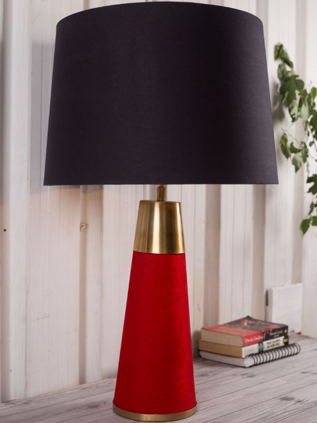 Grated Ginger Black & Red Solid Frustum Shaped Wooden Table Lamp Price in India