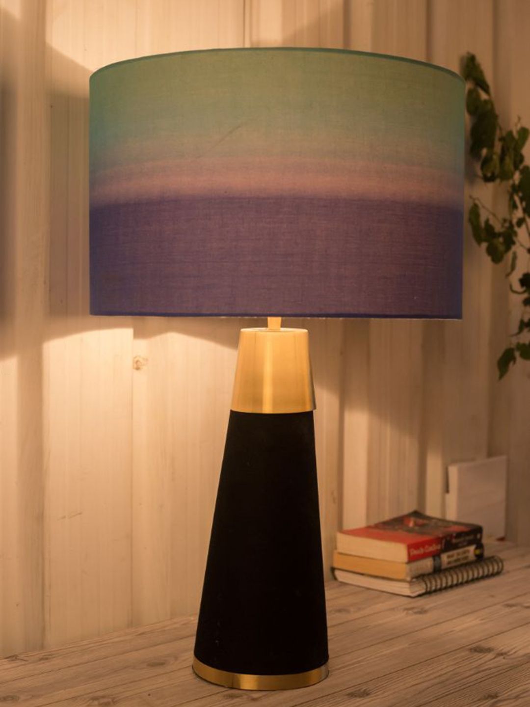 Grated Ginger Black & Blue Colourblocked Wood Table Lamp Price in India