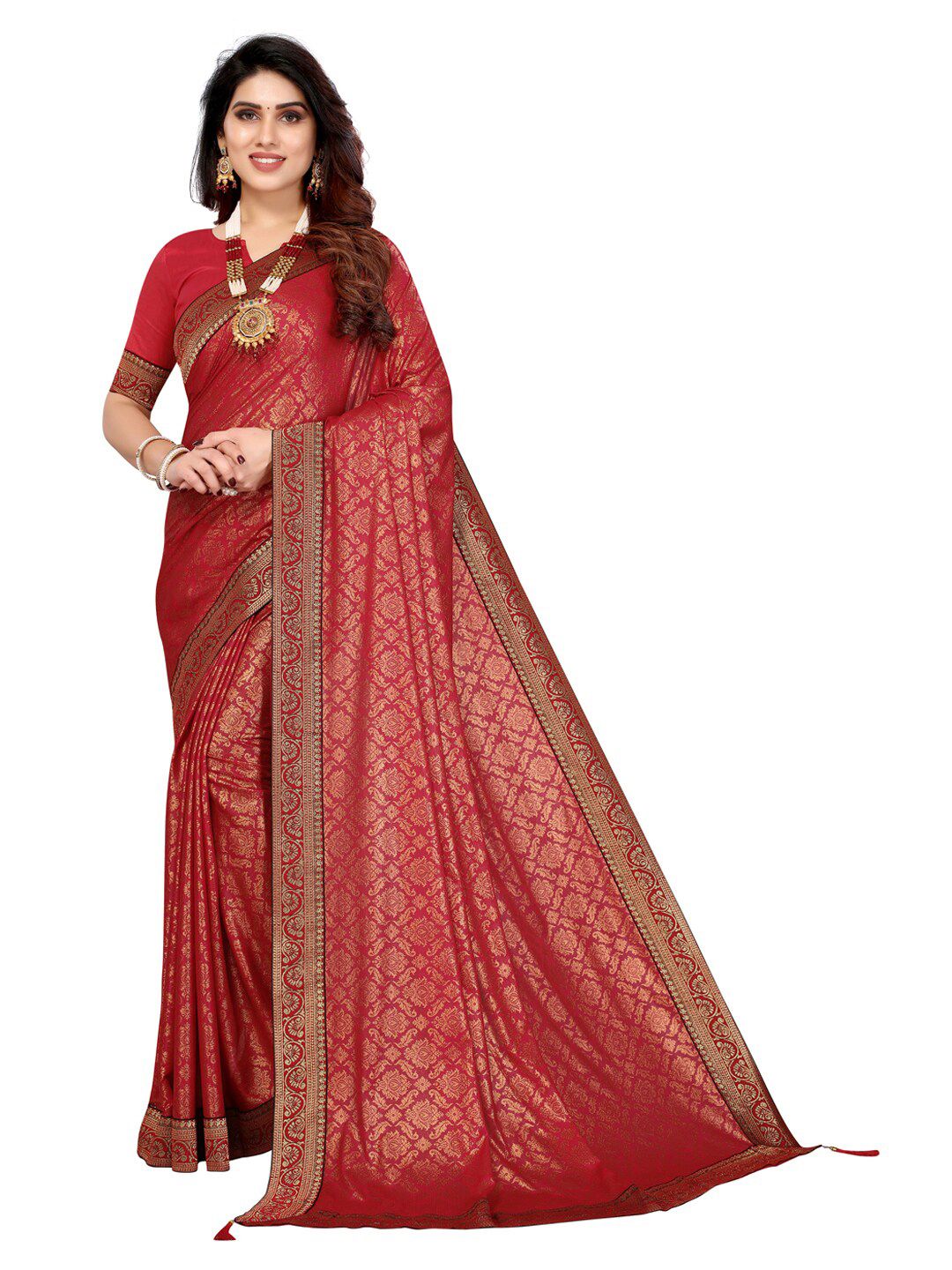 KALINI Maroon & Gold-Toned Ethnic Motifs Foil Printed Zari Saree