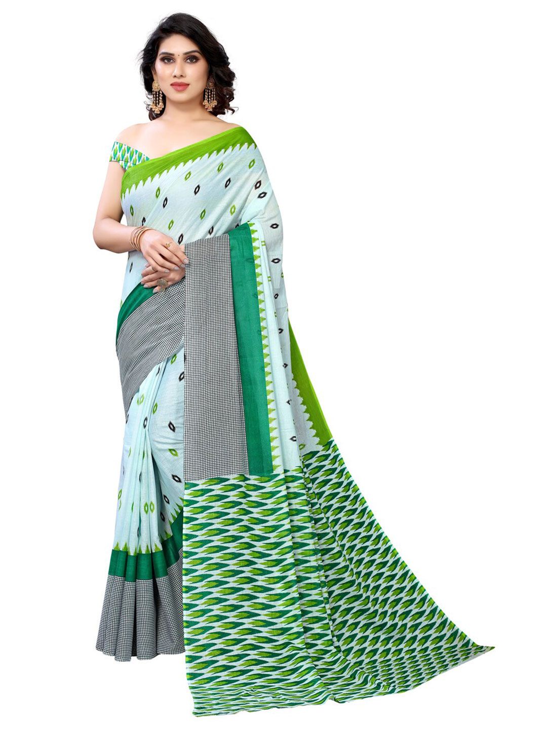 KALINI Off White & Green Printed Pure Cotton Saree