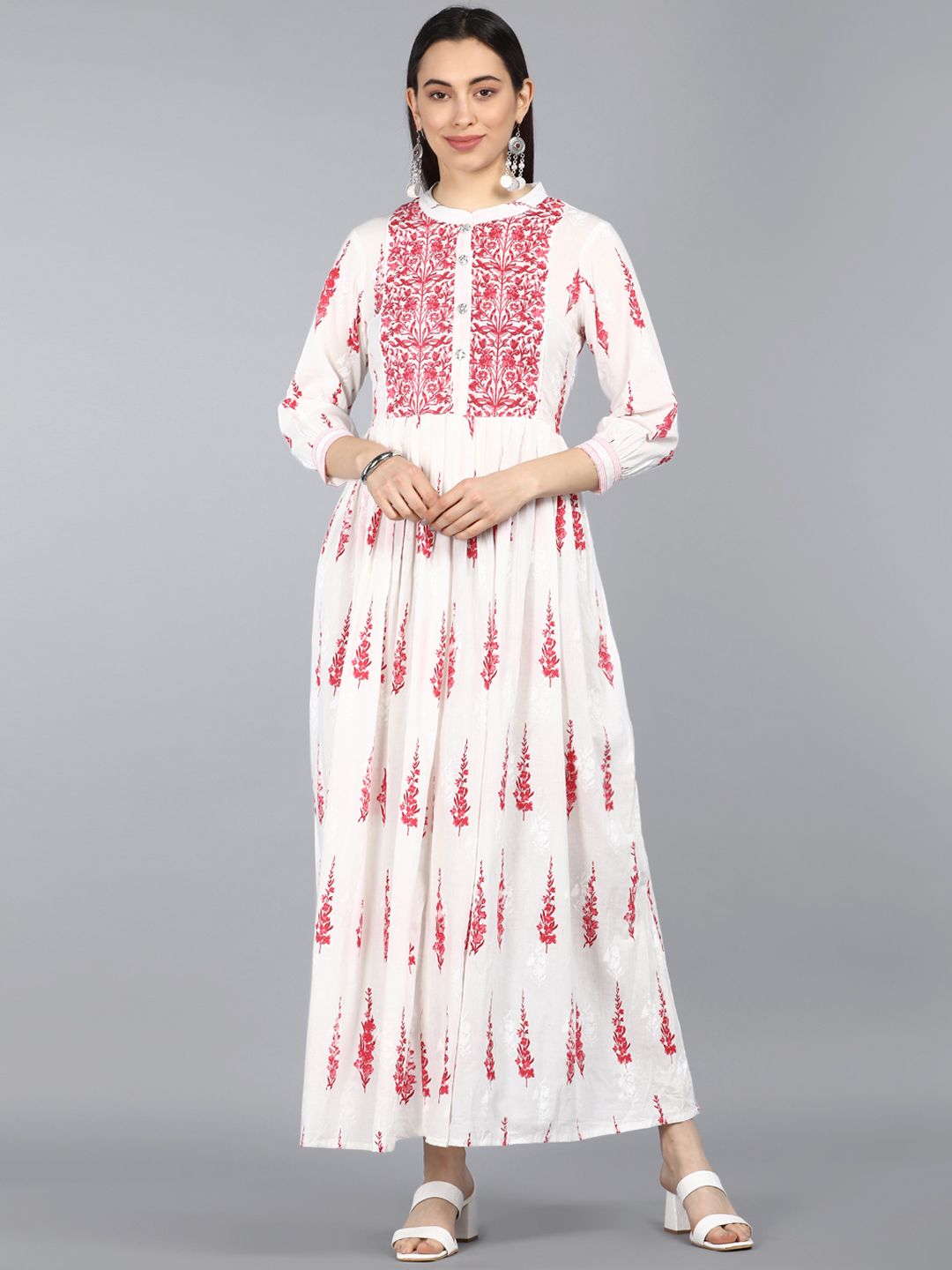 AHIKA White & Red Floral Ethnic A-Line Cotton Maxi Dress Price in India