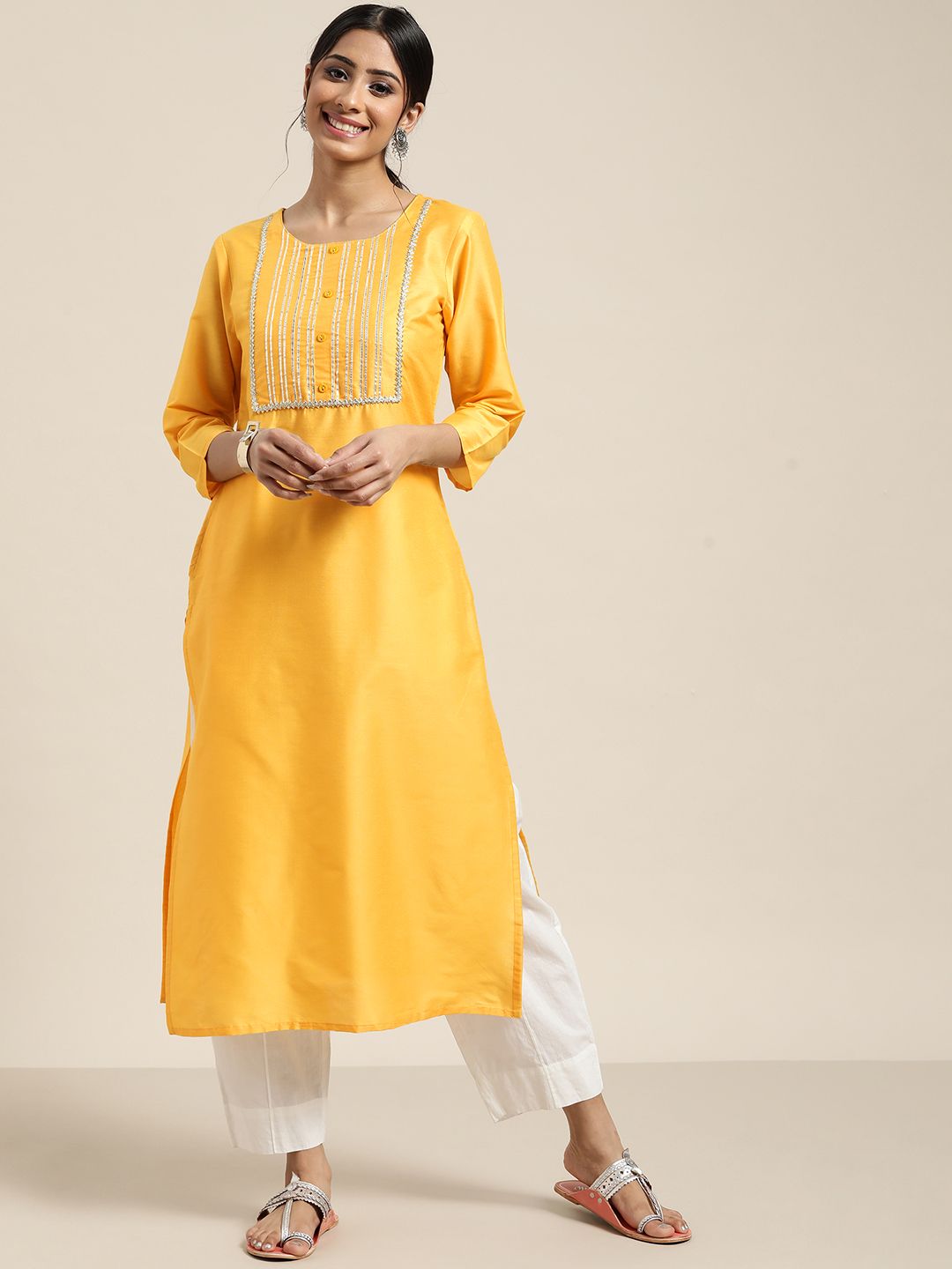 Sangria Women Yellow Yoke Design Gotta Patti Kurta Price in India