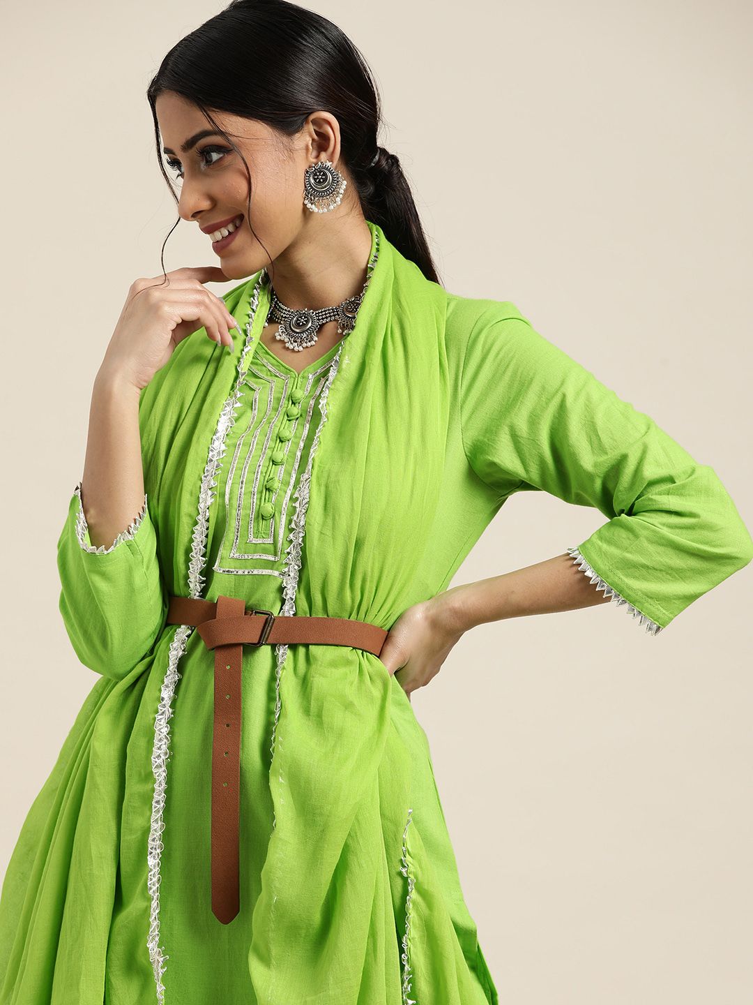 Sangria Women Green Gotta Patti Work Pure Cotton Kurta with Palazzos &  Dupatta Price in India