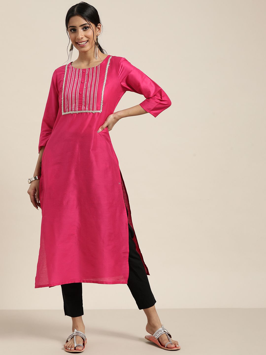 Sangria Women Pink Printed Gotta Patti Kurta Price in India