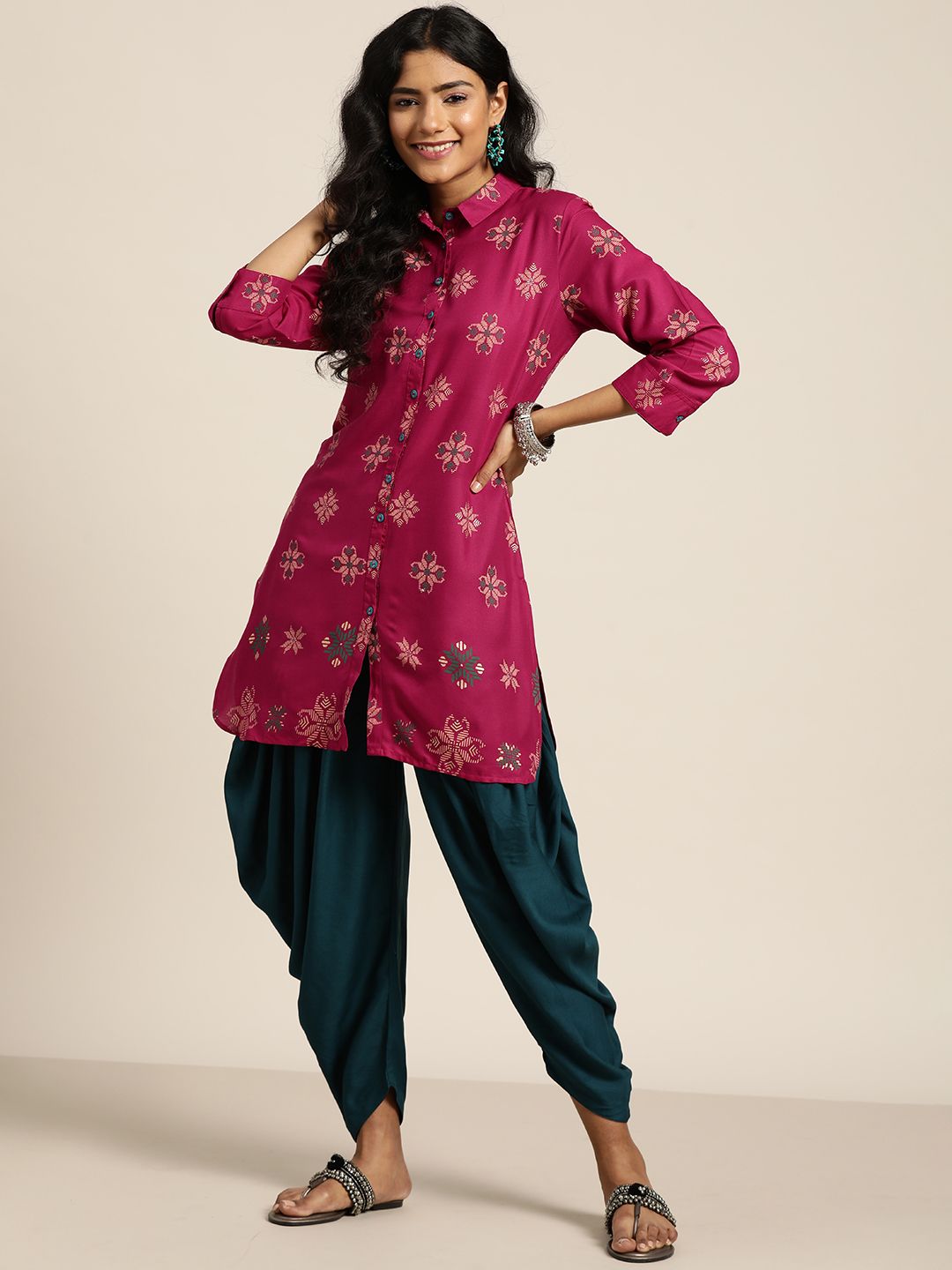 Sangria Fuchsia Printed Shirt Style Tunic Price in India