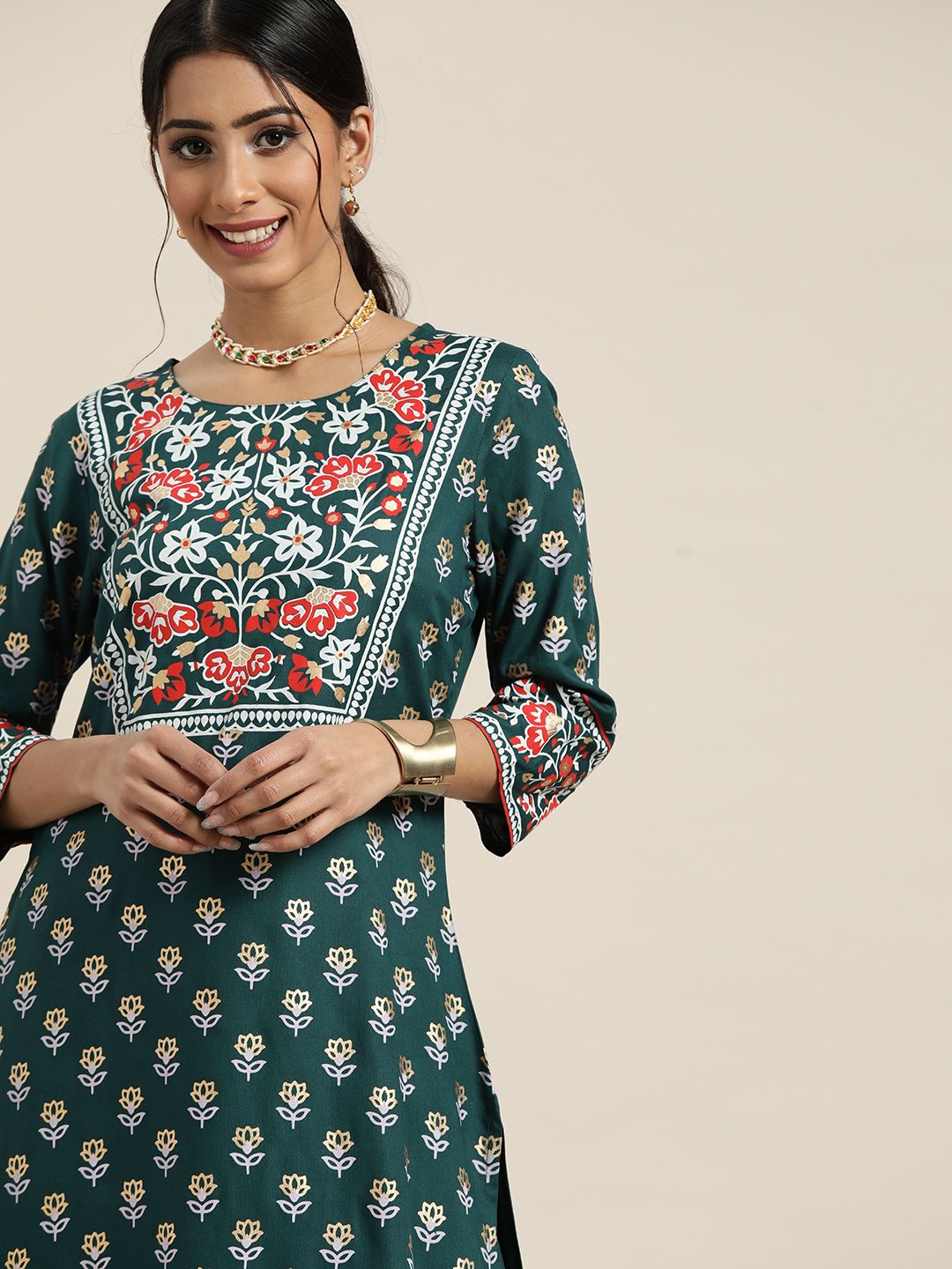 Sangria Women Green & White Ethnic Motifs Printed Kurta with Palazzos Price in India