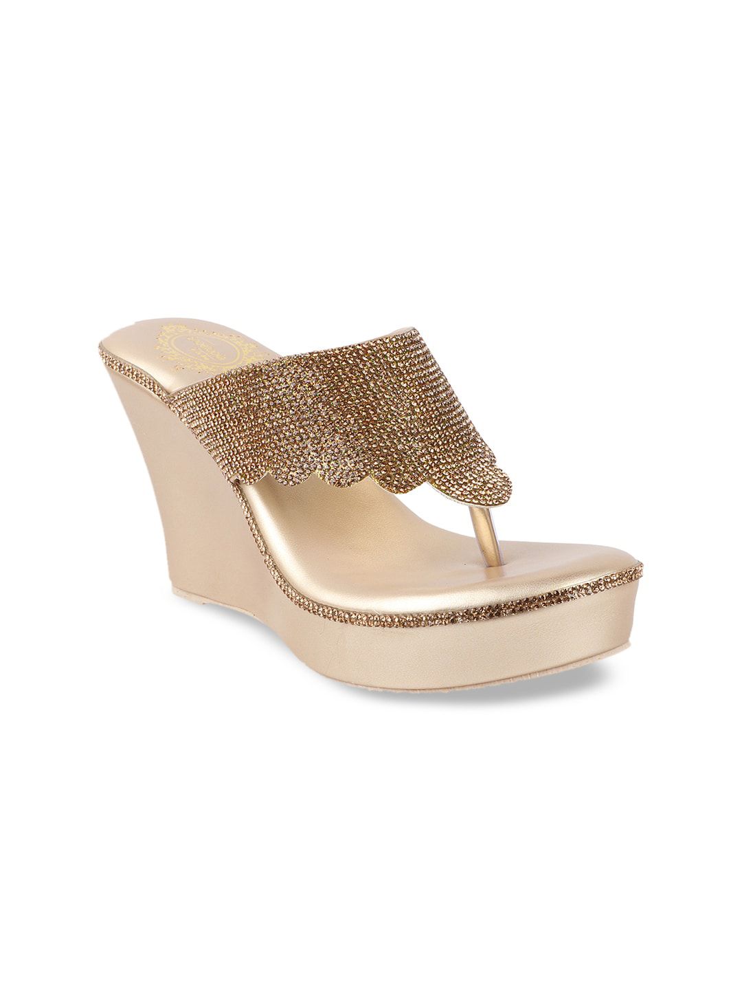 Shoetopia Gold-Toned Embellished Party Wedge Sandals Price in India