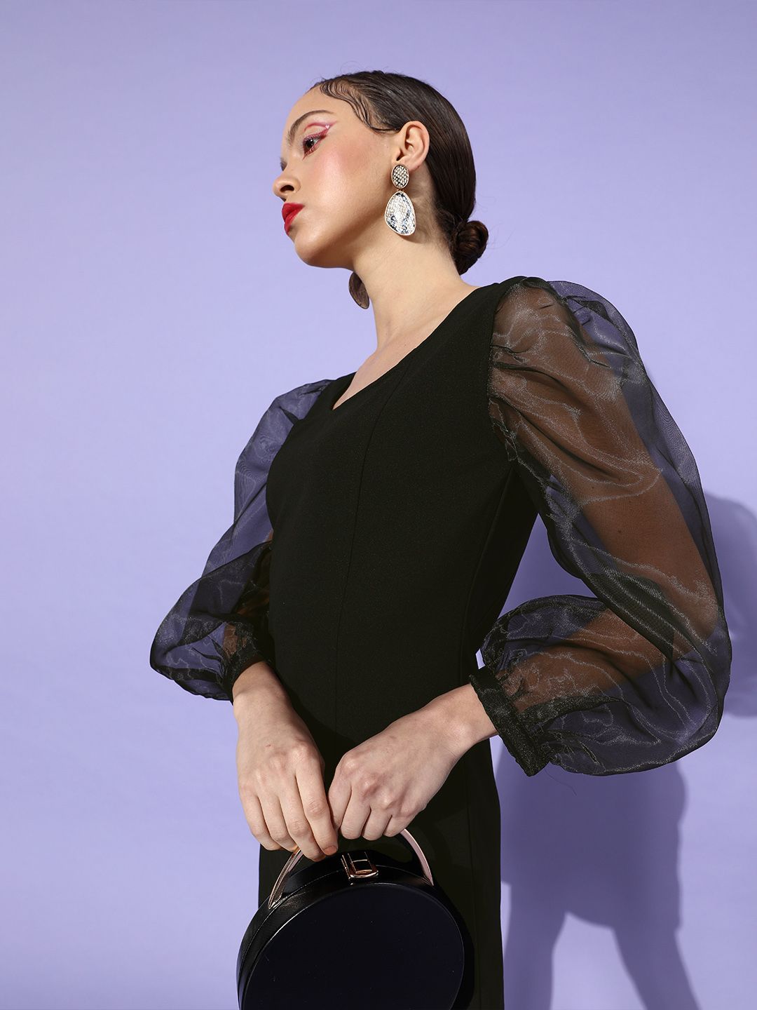 StyleStone Women Black Solid Puff Sleeves Dress Price in India