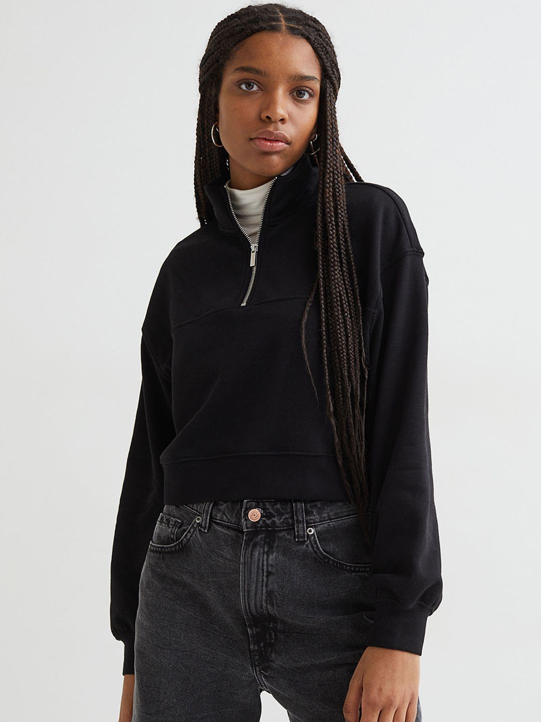 H&M Women Black Zip-Top Sweatshirt Price in India