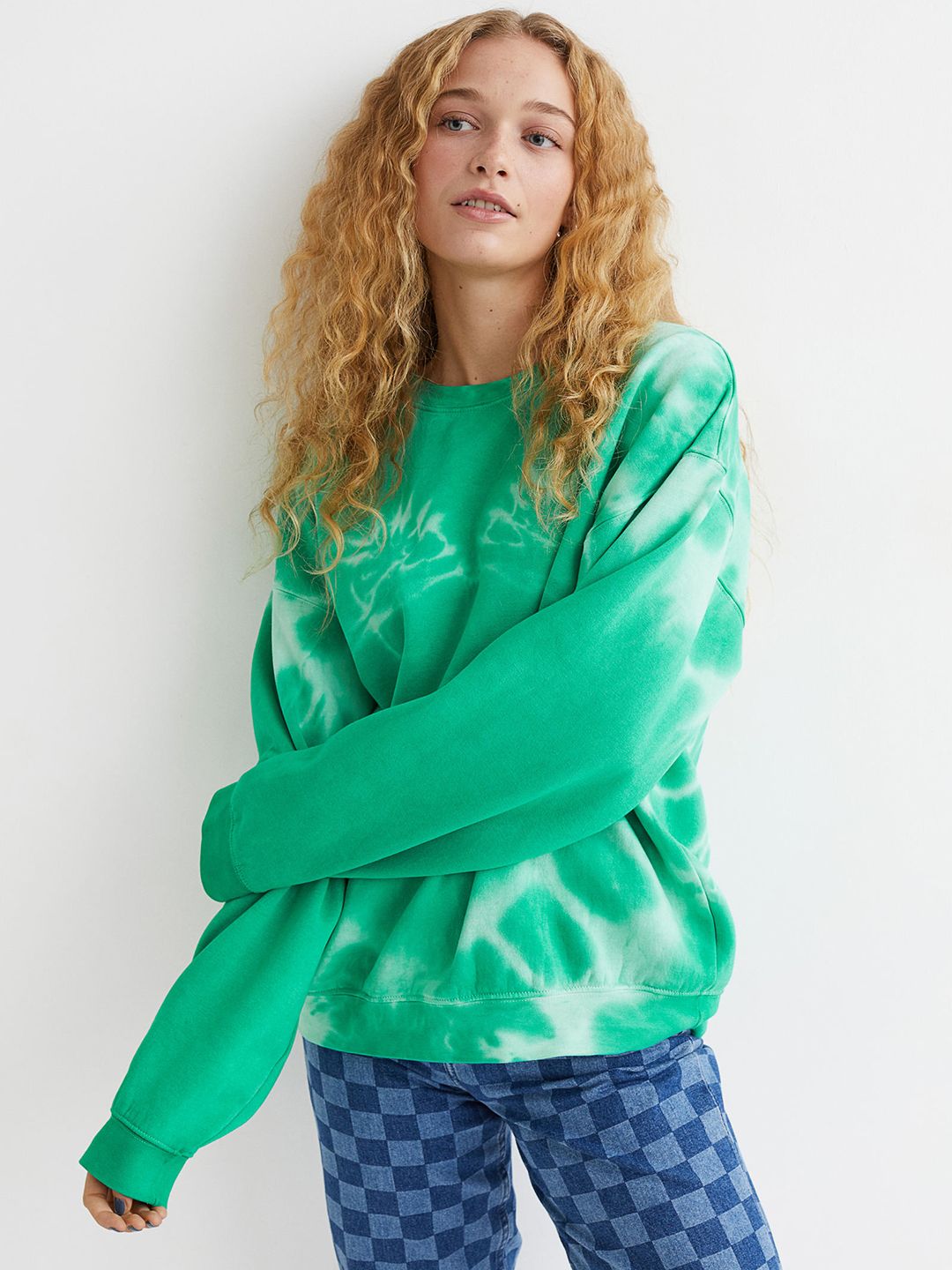H&M Women Green Tie & Dye Oversized Sweatshirt Price in India