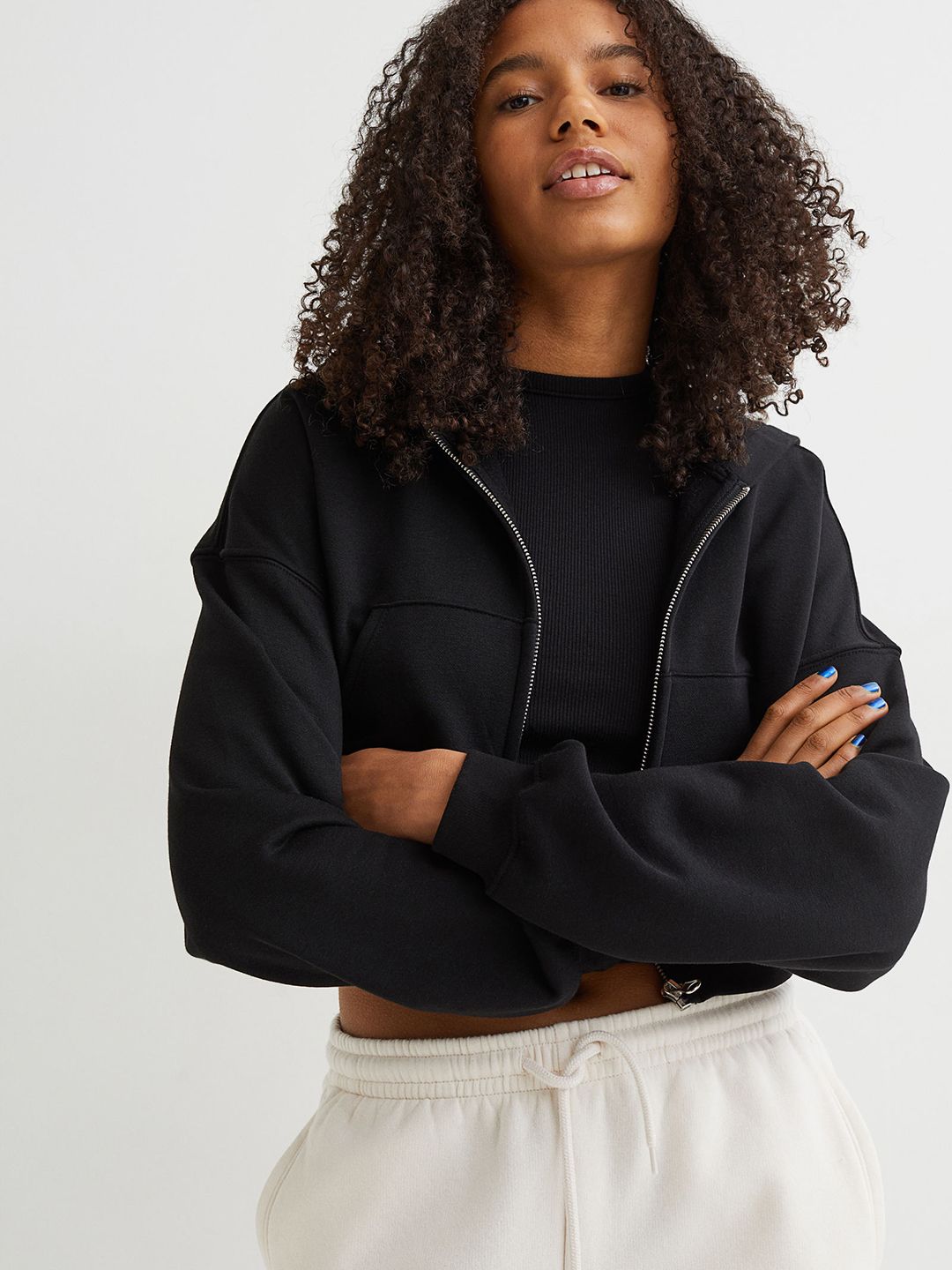 H&M Women Black Solid Cropped Zip-Through Hoodie Price in India
