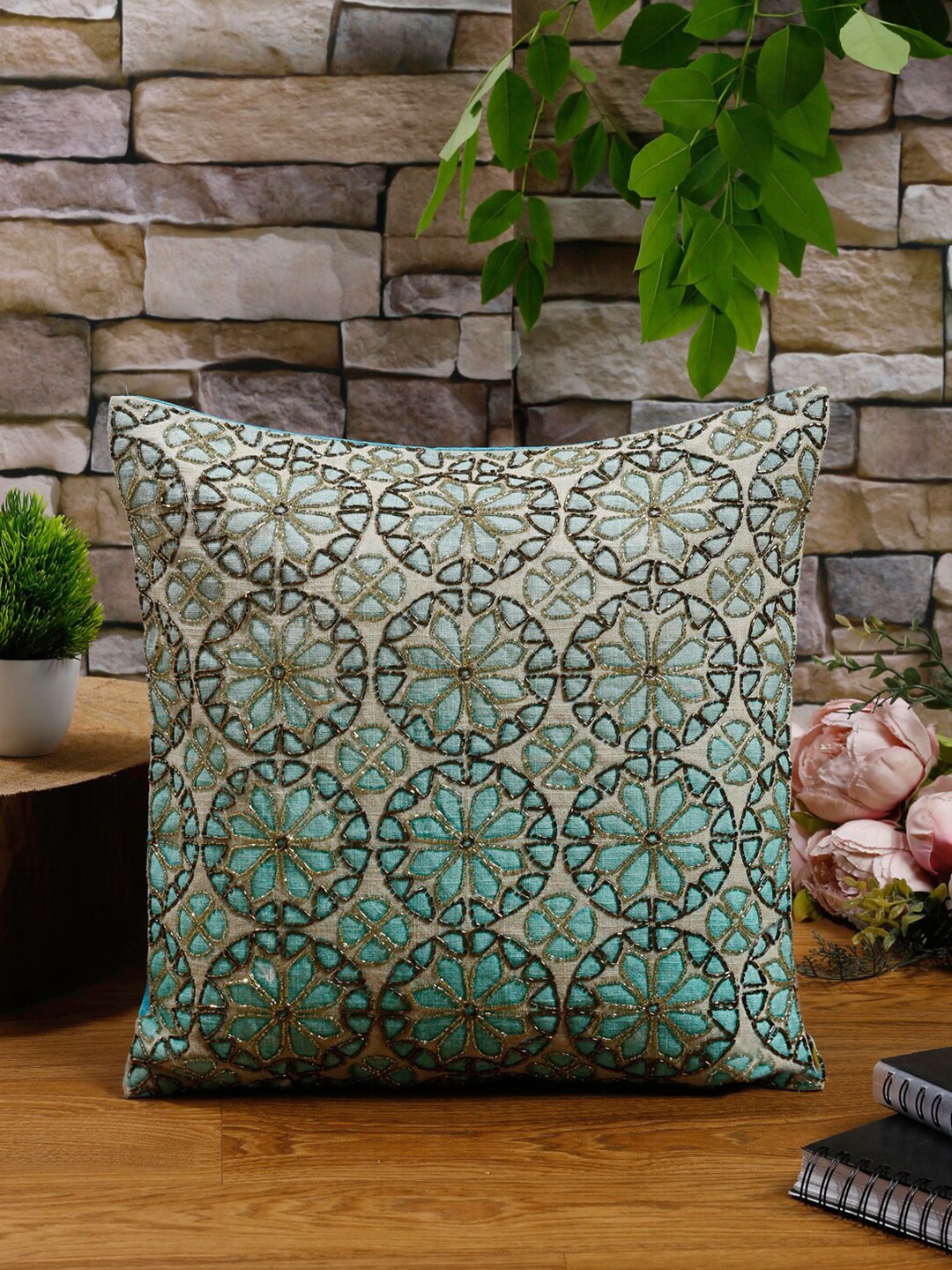 NISRAG HOME Green & Beige Embroidered Silk Square Cushion Cover Price in India