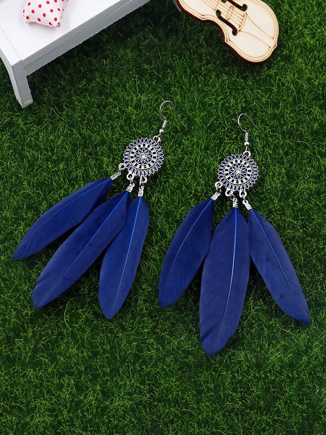 Yellow Chimes Blue Silver Plated Feather Shaped Drop Earrings Price in India