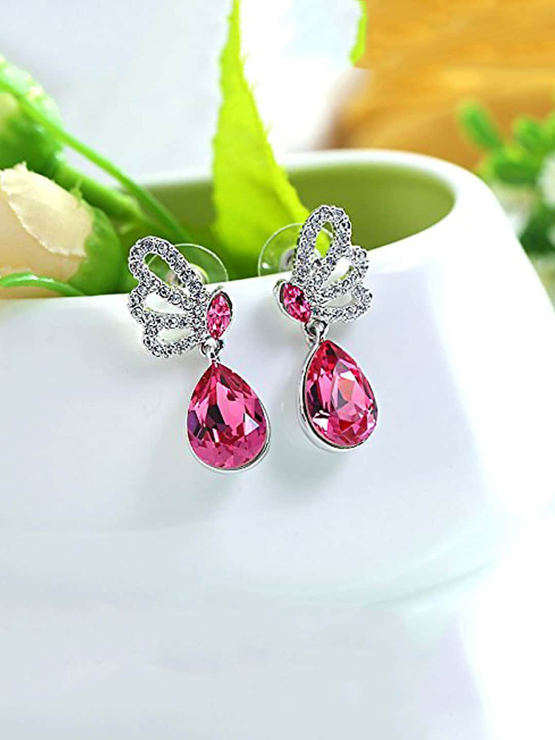 Yellow Chimes Silver-Plated & Pink Butterfly Shaped Drop Earrings Price in India