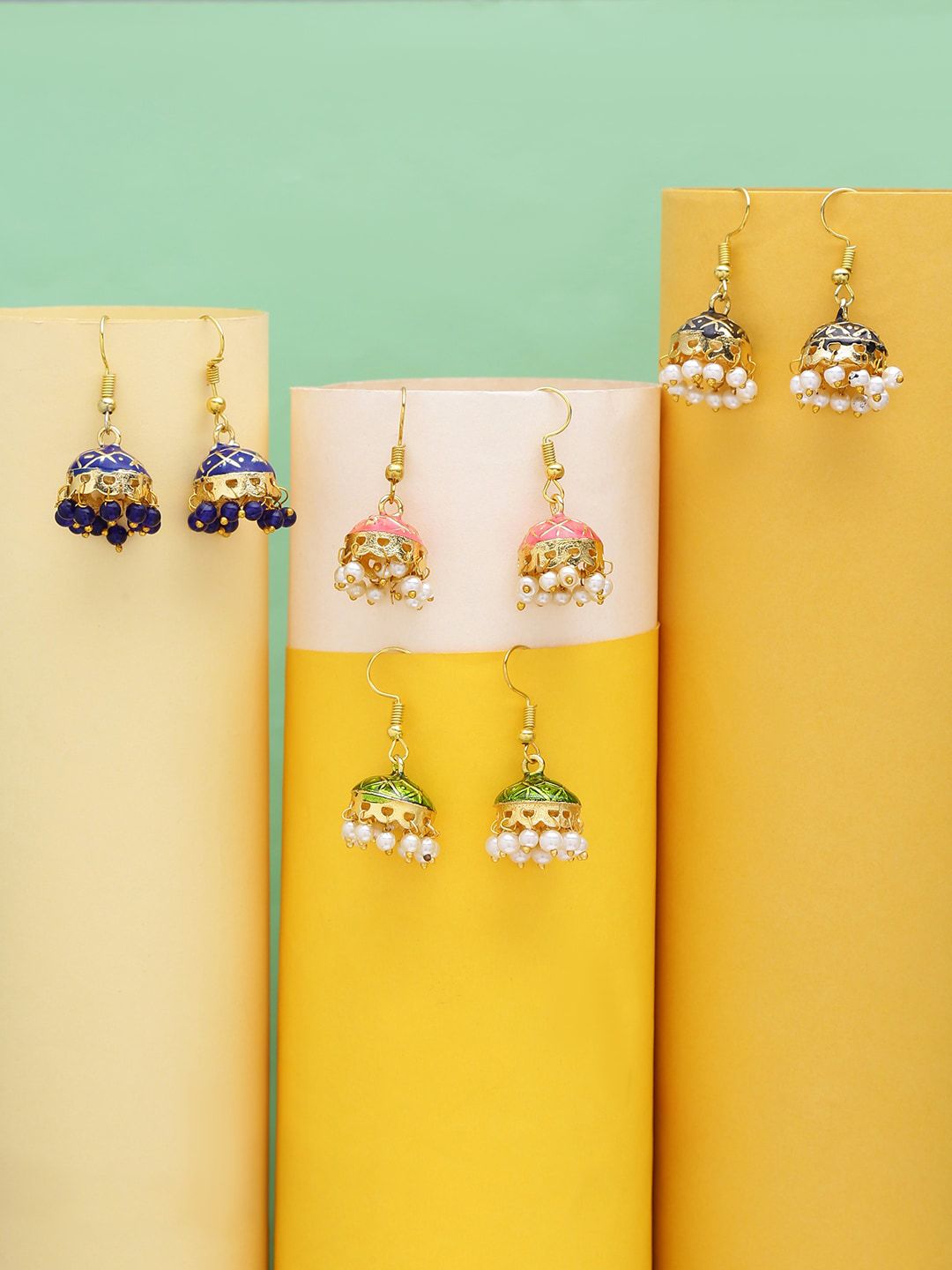 Yellow Chimes Pack Of 4 Gold-Toned Silver Plated Classic Meenakari Jhumkas Earrings Price in India