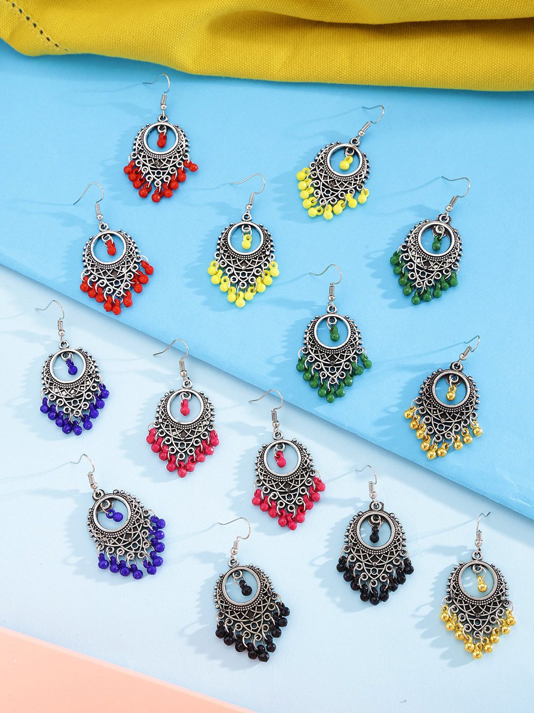 Yellow Chimes Silver-Plated Pack Of 7 Multicoloured Drop Earrings Price in India