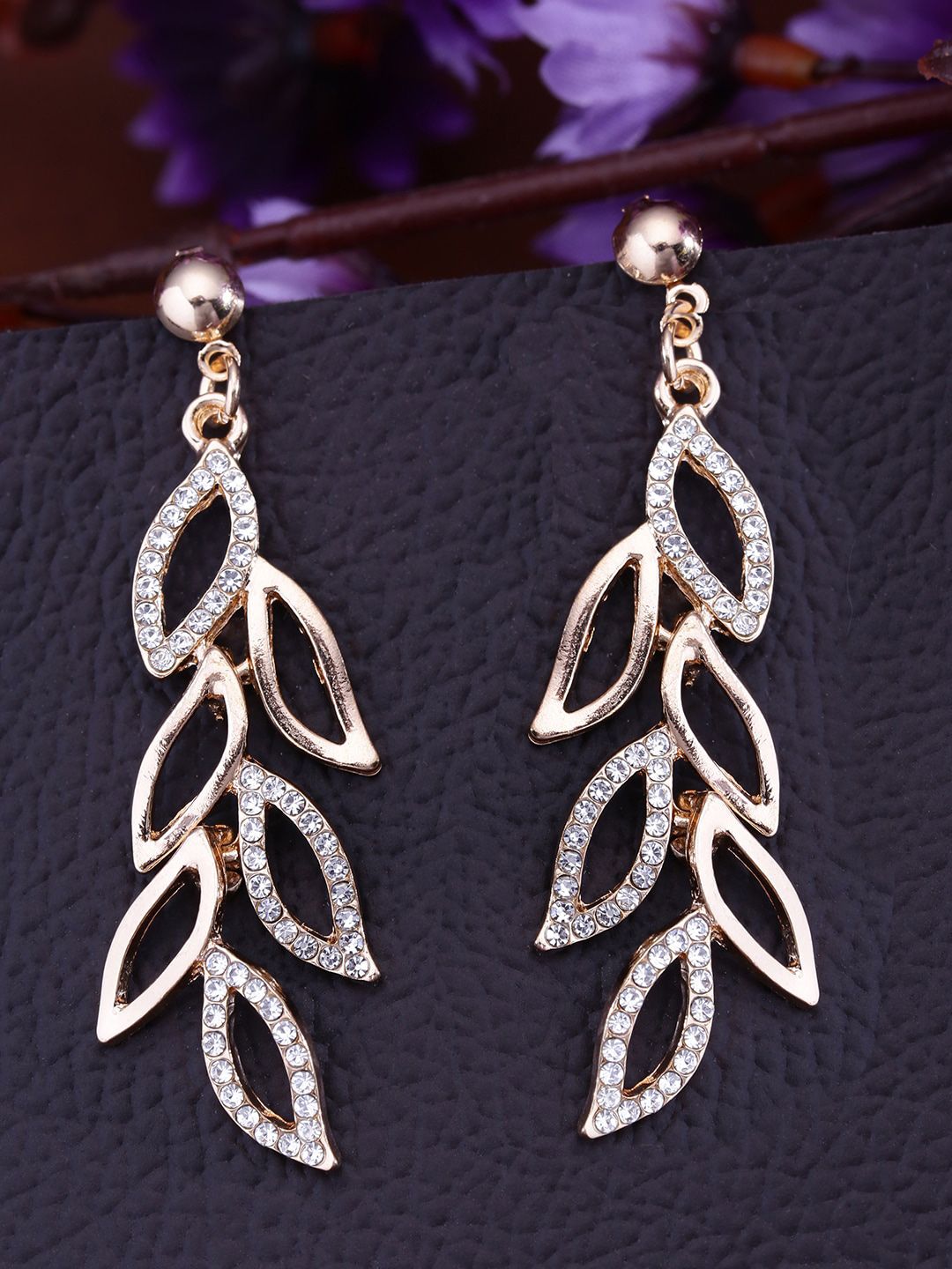 Yellow Chimes Gold-Plated & White Leaf Shaped Drop Earrings Price in India