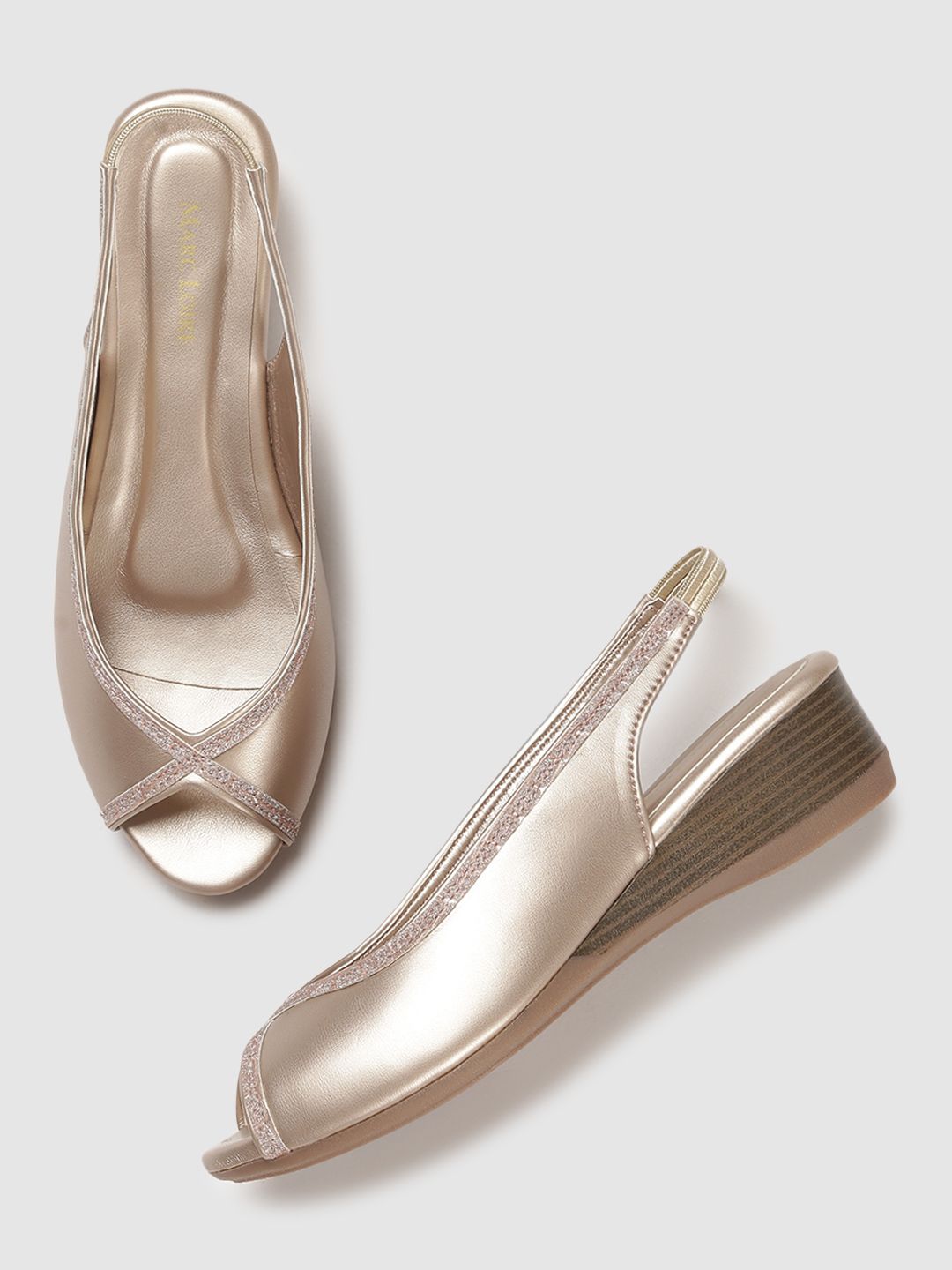 Marc Loire Gold-Toned PU Wedge Peep Toes